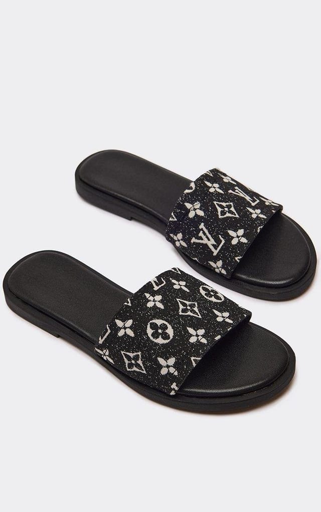 EGO Kane Printed Detail Flat Slider Sandal In Black Denim, Women's Size UK 3 - 2
