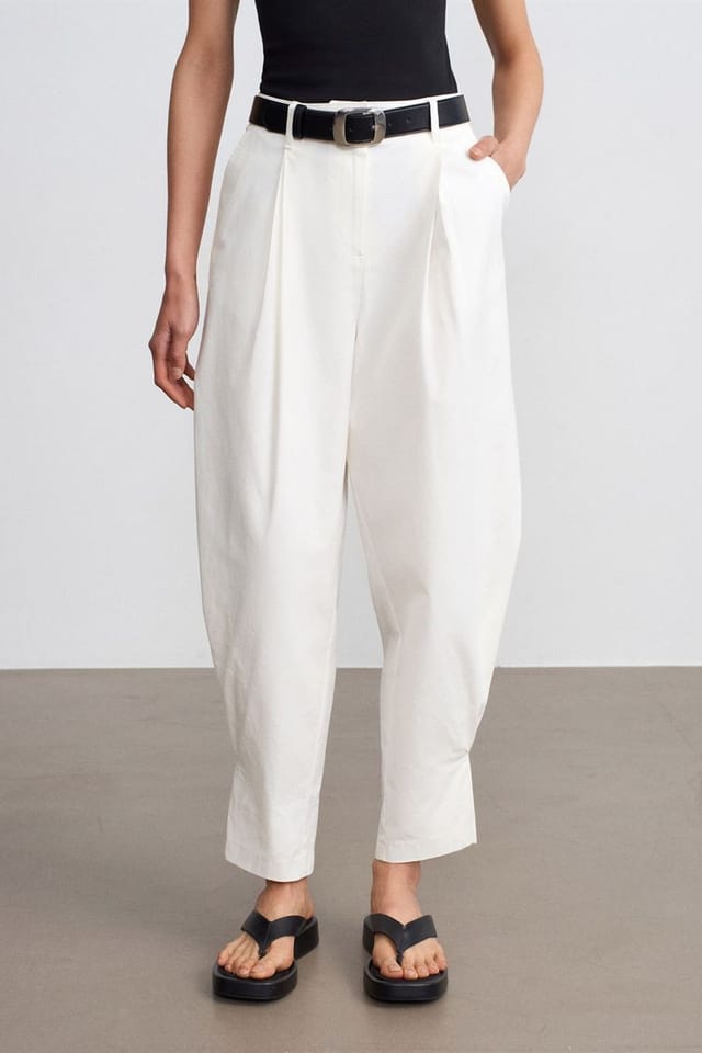 Dilvin Dilvin Women's Women's High-waist Wide-leg Poplin Trousers in Off-White - 3