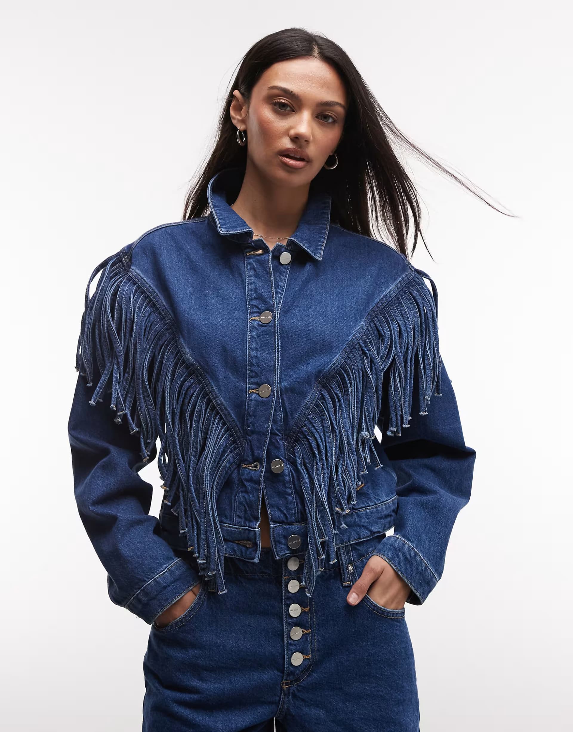ASOS AllSaints Marlene co-ord western tassle denim jacket in dark wash blue 