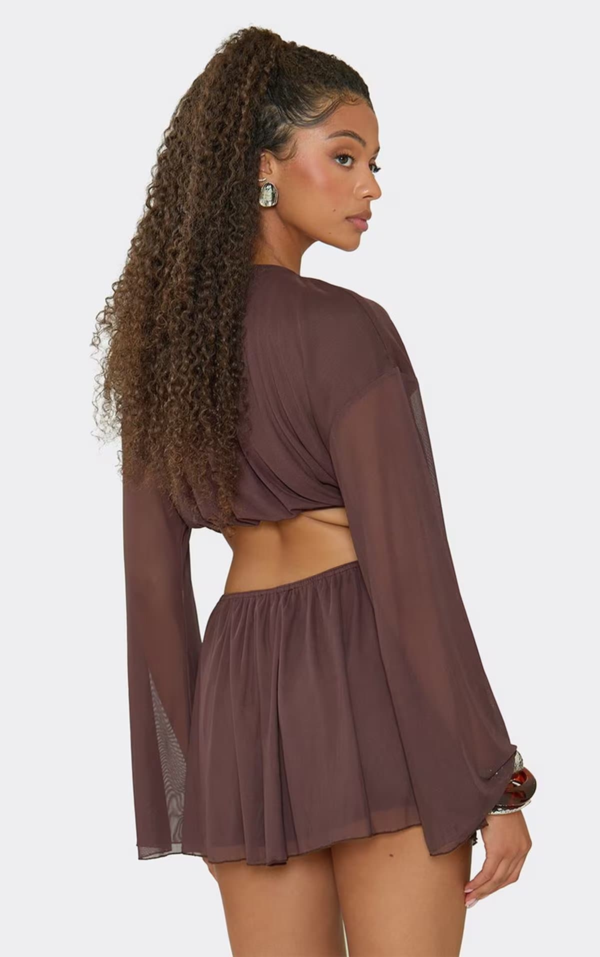 EGO Mid Waist Floaty Mini Skirt In Chocolate Brown Chiffon, Women's Size UK 6