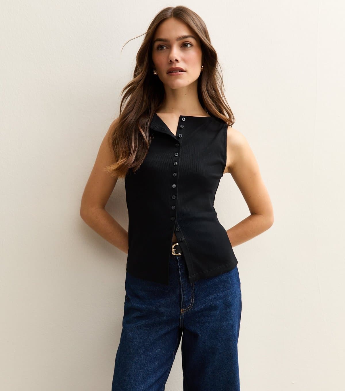 New Look Women's Petite Black Button Through Tank Top New Look