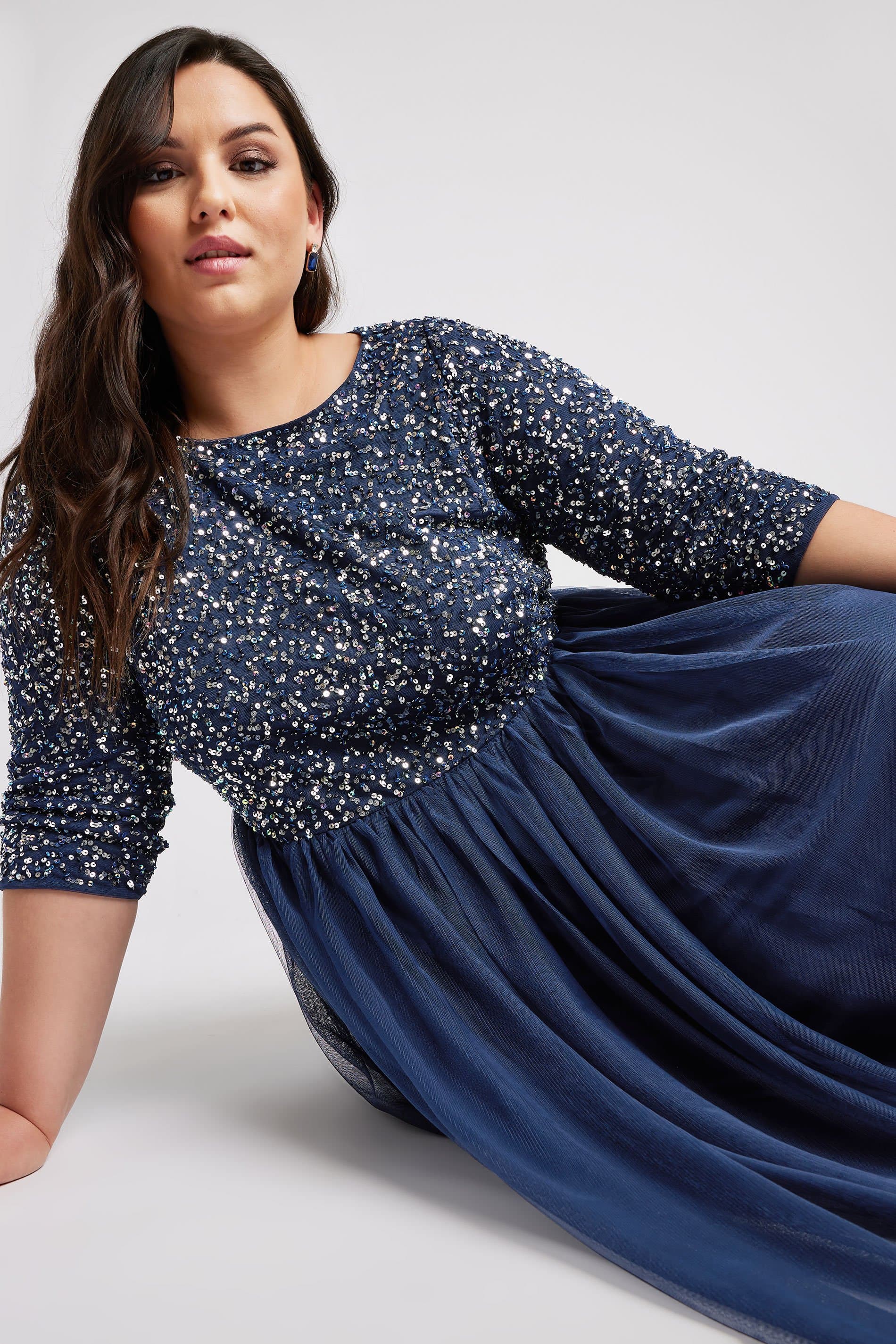 Luxe Plus Size Navy Blue Sequin Hand Embellished Maxi Dress