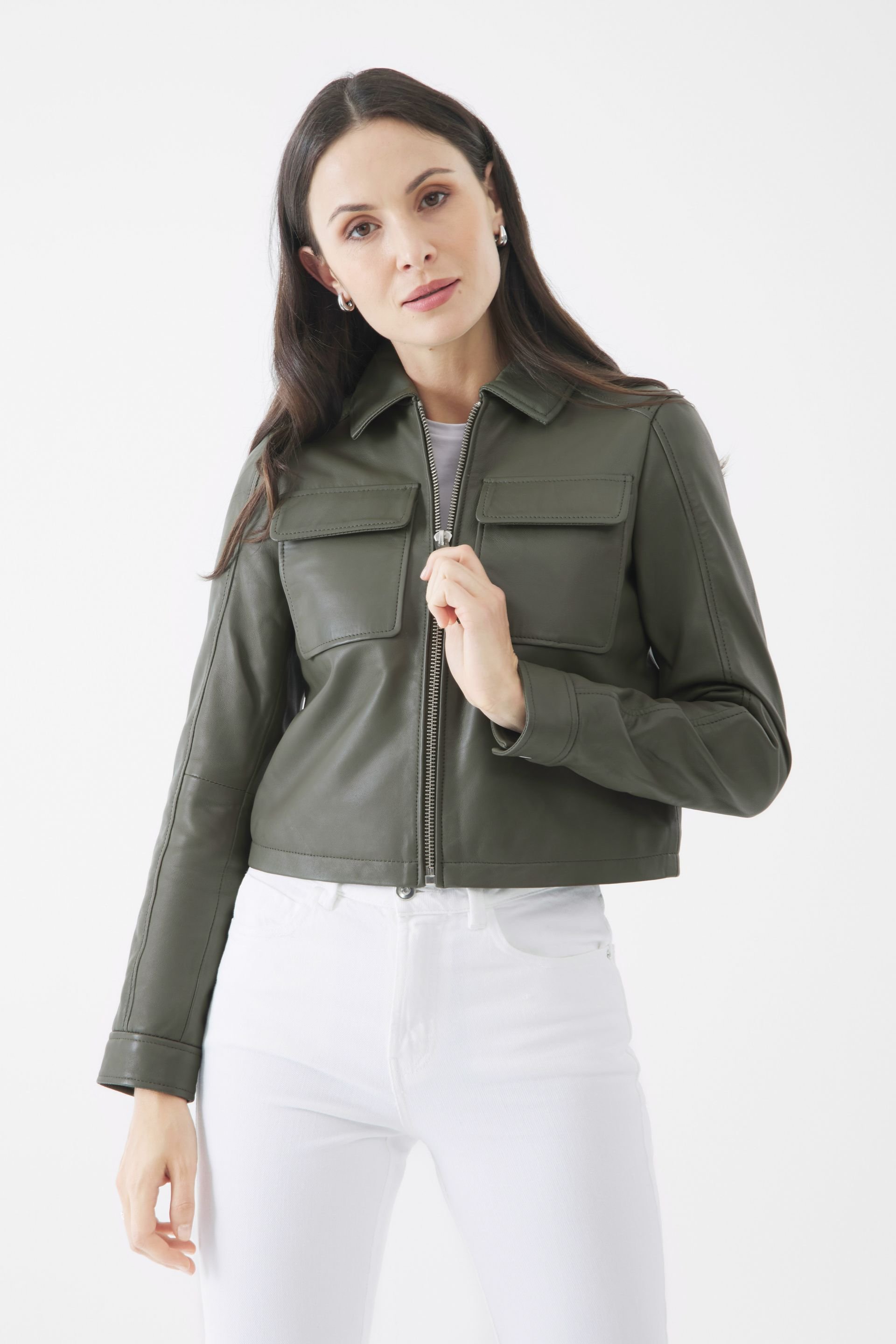 Bolongaro Trevor Bolongaro Trevor Women's Real Leather Thea Zip Through Jacket in Dark Olive - 2
