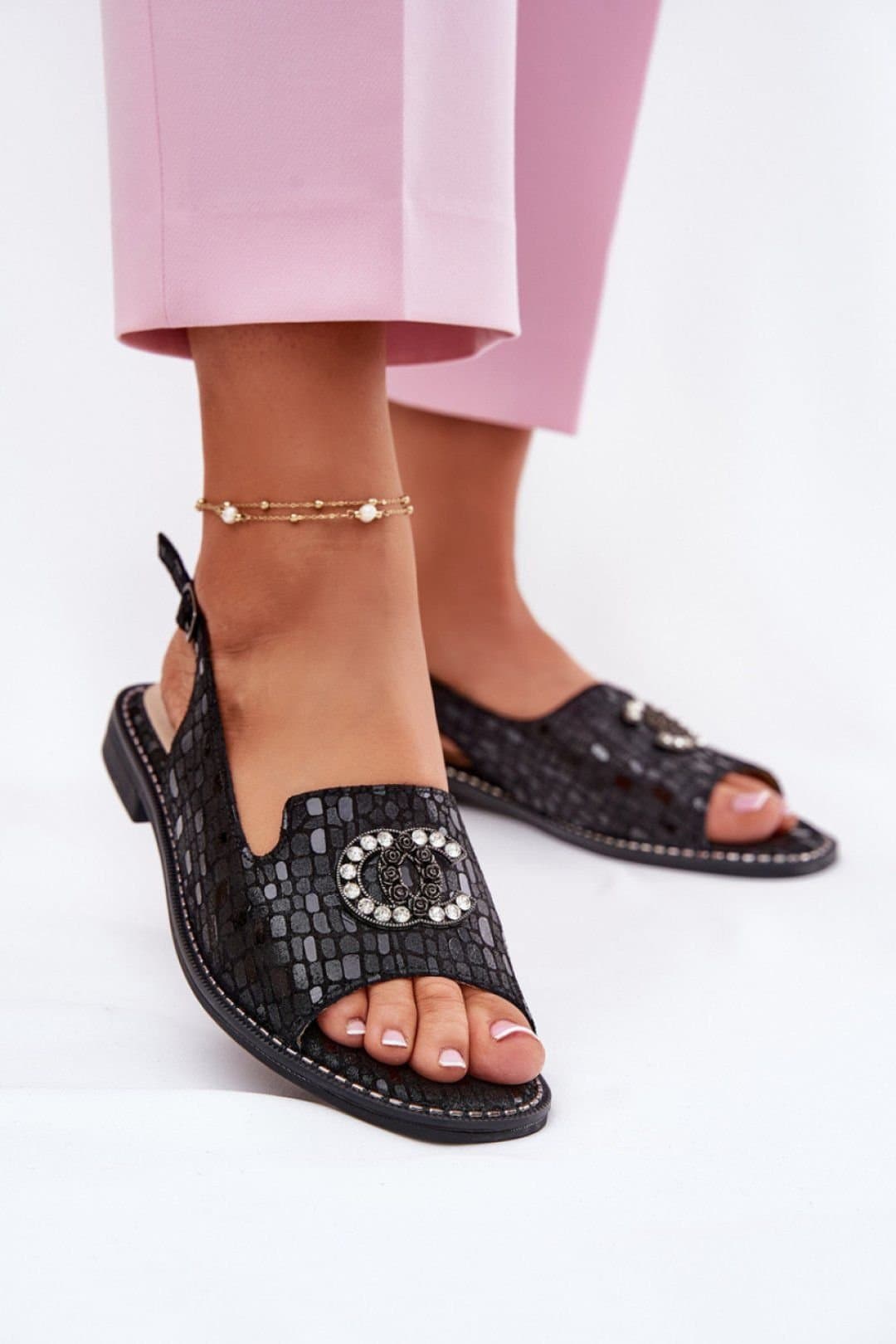 Love Lace Love Lace Women's Suede Flat Sandals with Buckle Closure & Comfort Insole in Black