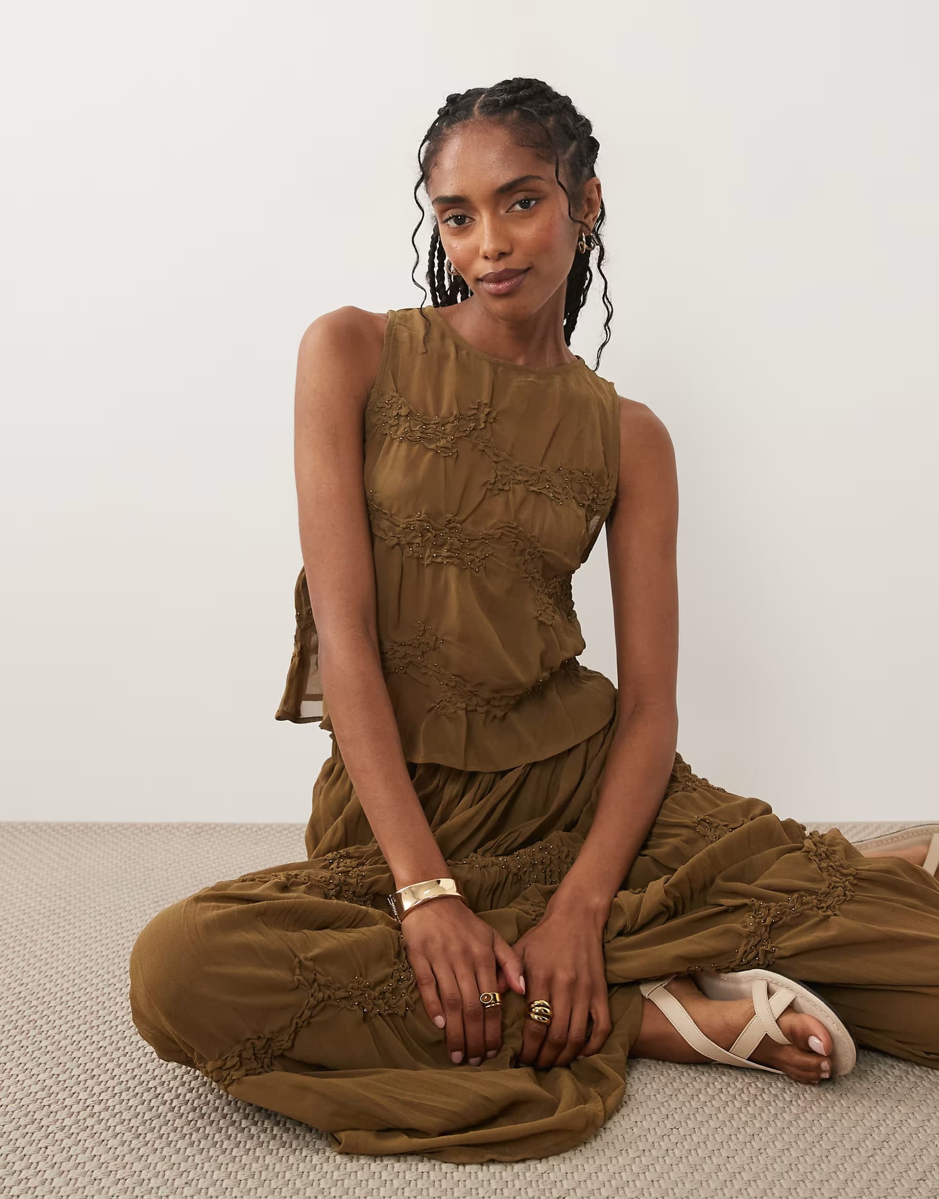 ASOS Mango Snake sleeveless ruched vest co-ord with beaded detail in brown