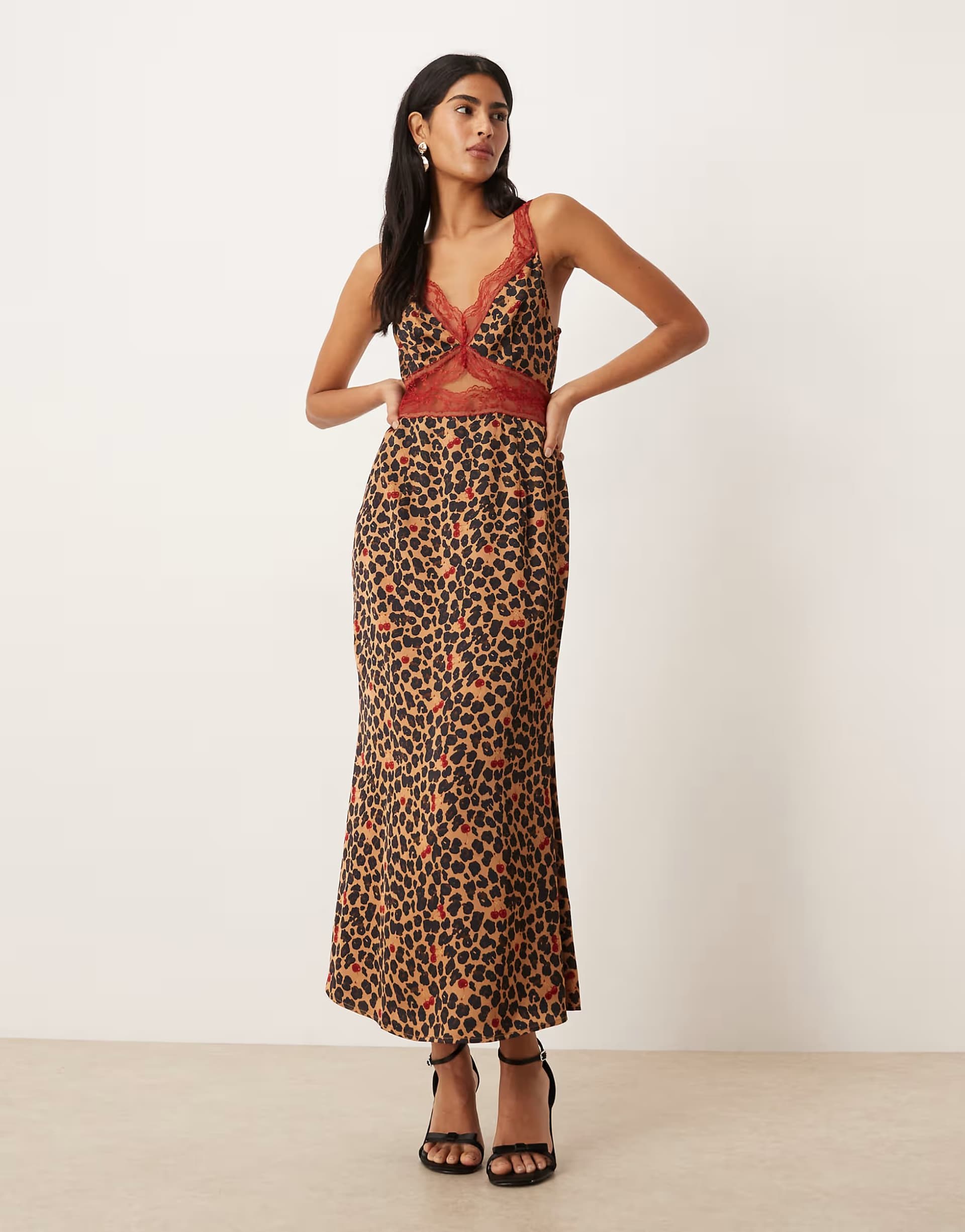 ASOS Never Fully Dressed Mimi satin red lace trim cut out midaxi dress cherry leopard print
