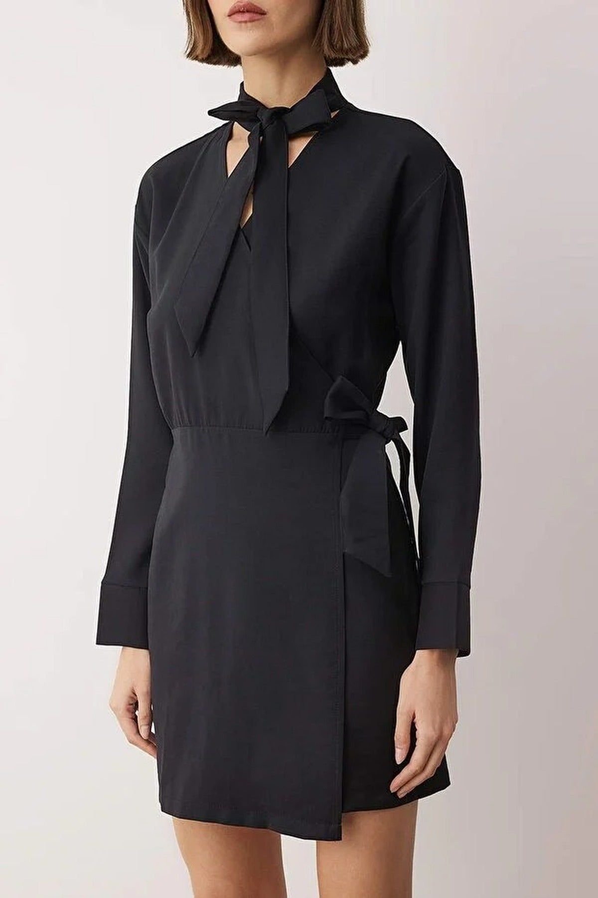 WOVCOR WOVCOR Women's Woven Mini Dress with Tie Neck Detail in Black - 2