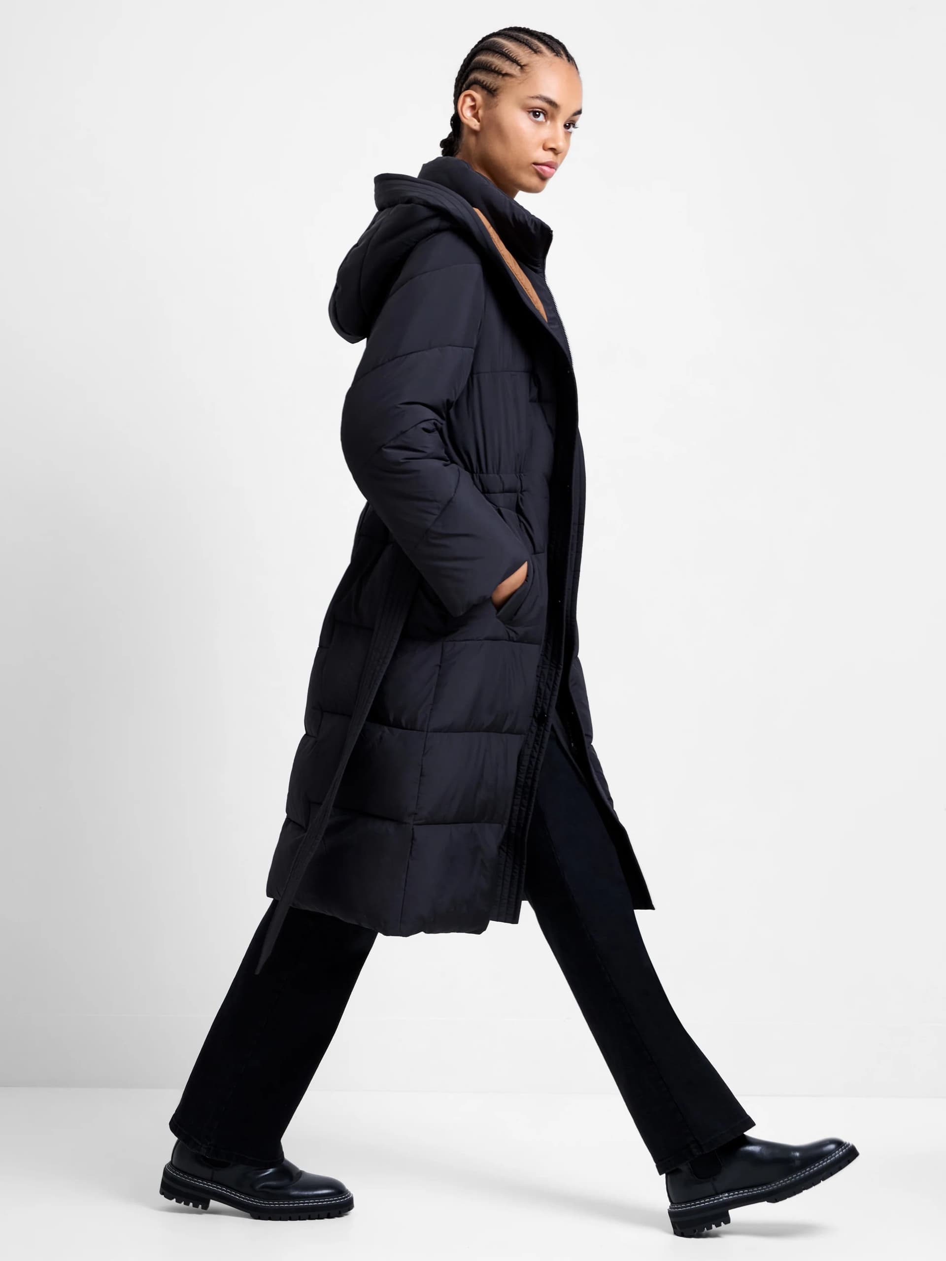French Connection Minnie Belted Long Sleeve Hooded Coat Pecan Neutral