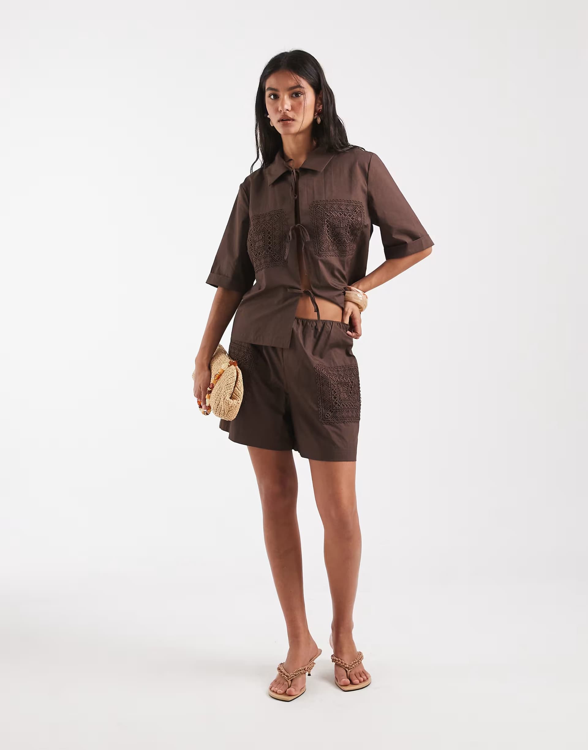 ASOS Object poplin crochet patch co-ord in chocolate