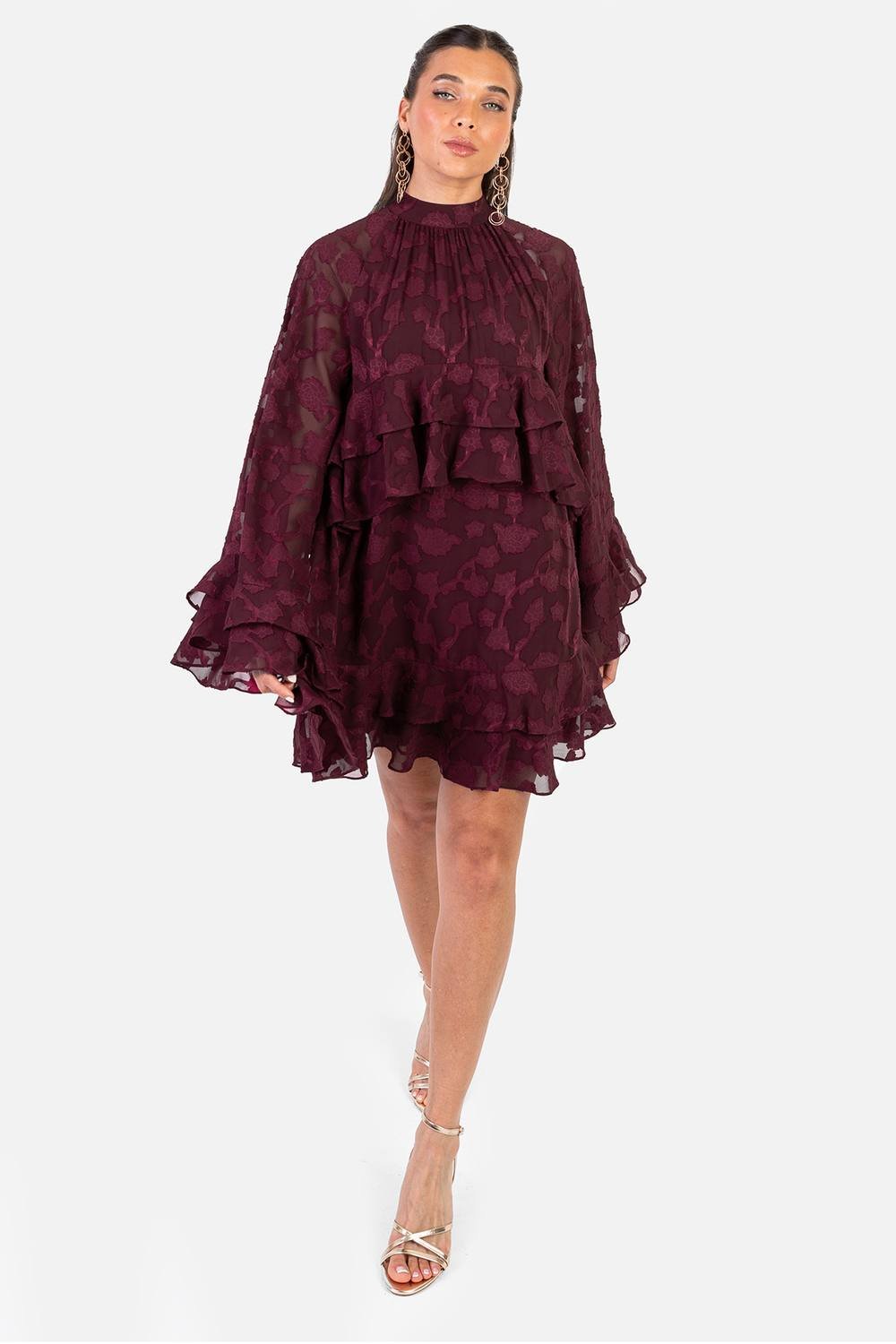 Anaya with Love Anaya with Love Women's Floral Burnout High Neck Ruffle Sleeve Shift Mini Dress in Red - 2