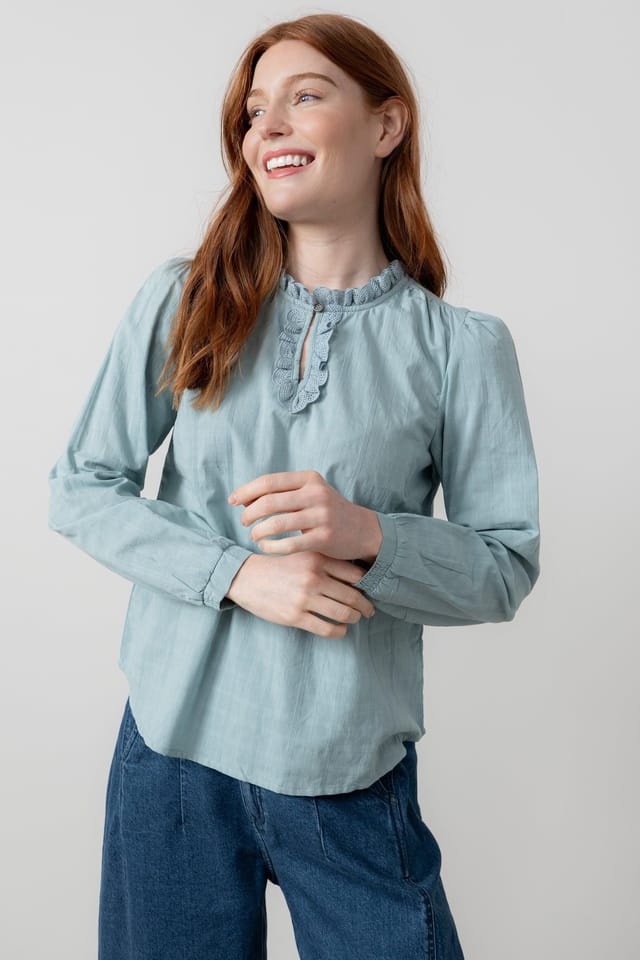 Lily & Me Lily & Me Women's Emily Long Sleeve Cotton Check Blouse with Scalloped Neckline in Duck Egg Blue - 2