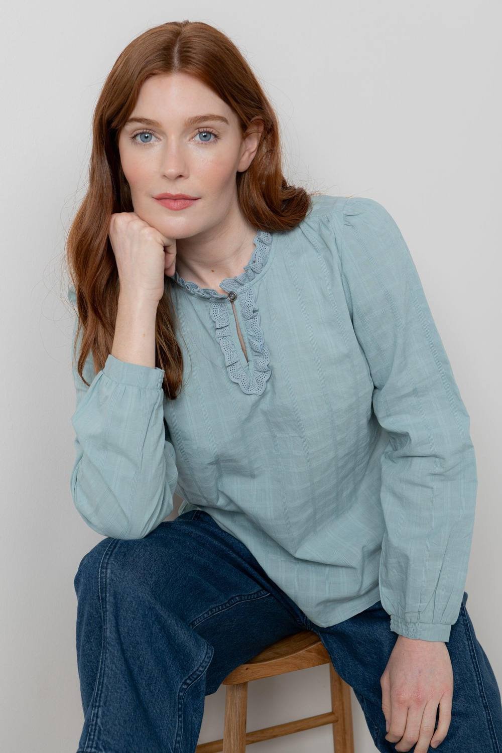 Lily & Me Lily & Me Women's Emily Long Sleeve Cotton Check Blouse with Scalloped Neckline in Duck Egg Blue - 3