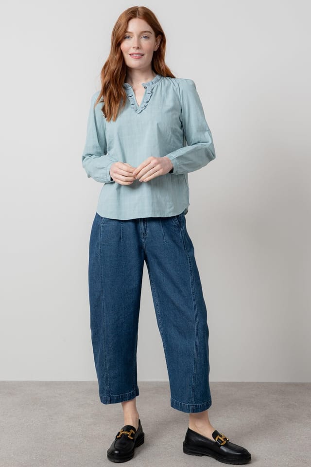 Lily & Me Lily & Me Women's Emily Long Sleeve Cotton Check Blouse with Scalloped Neckline in Duck Egg Blue - 3