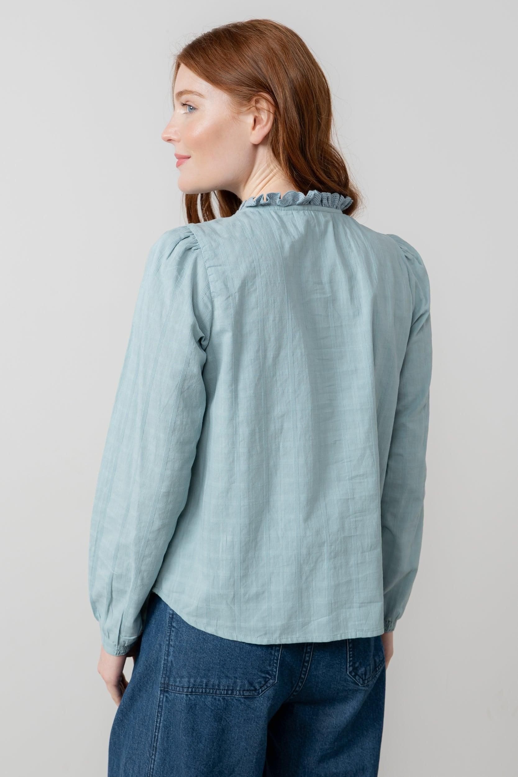 Lily & Me Lily & Me Women's Emily Long Sleeve Cotton Check Blouse with Scalloped Neckline in Duck Egg Blue - 4
