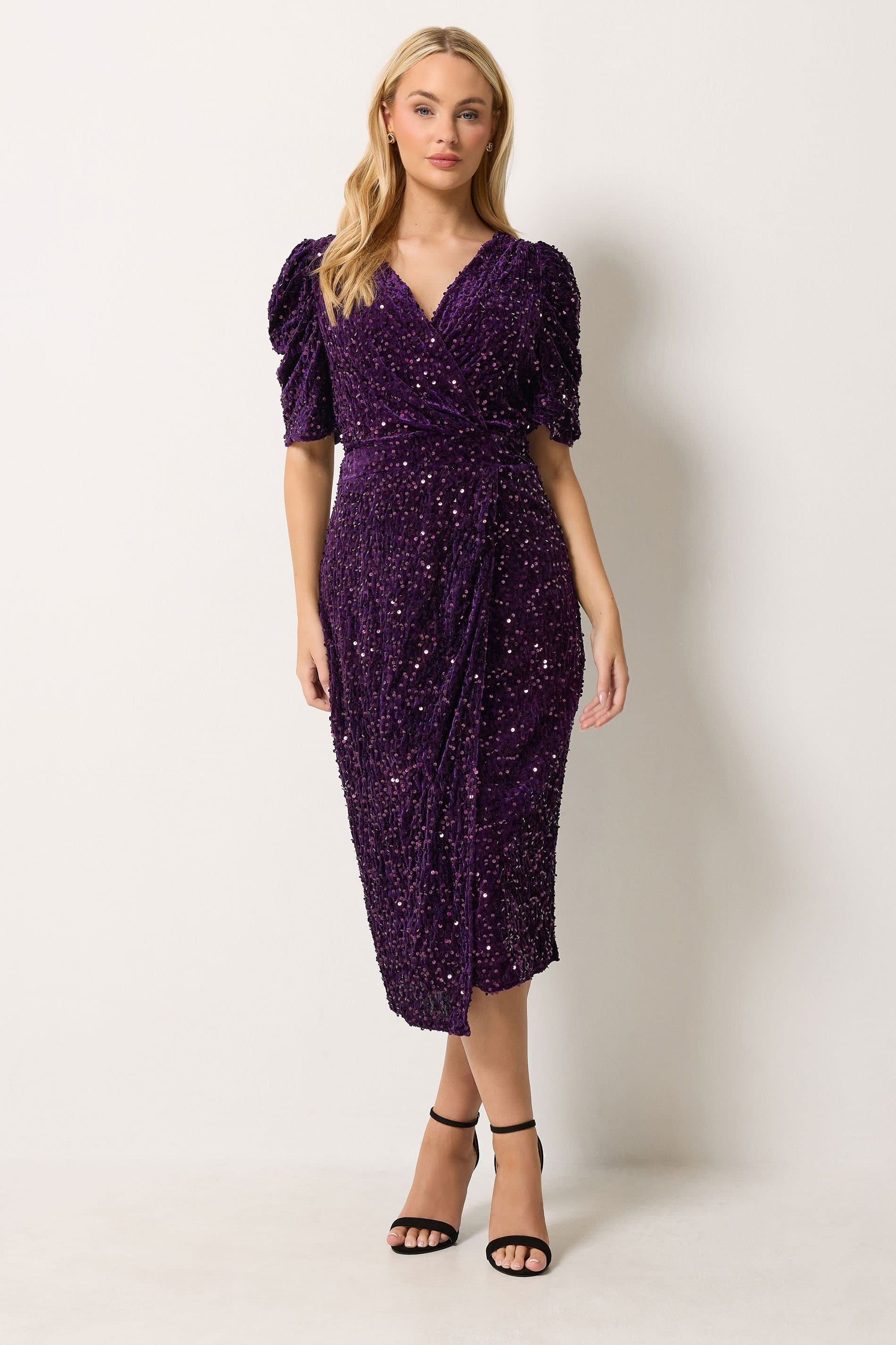 M&Co M&Co Women's Velvet Short Sleeve Sequin Wrap Dress in Purple