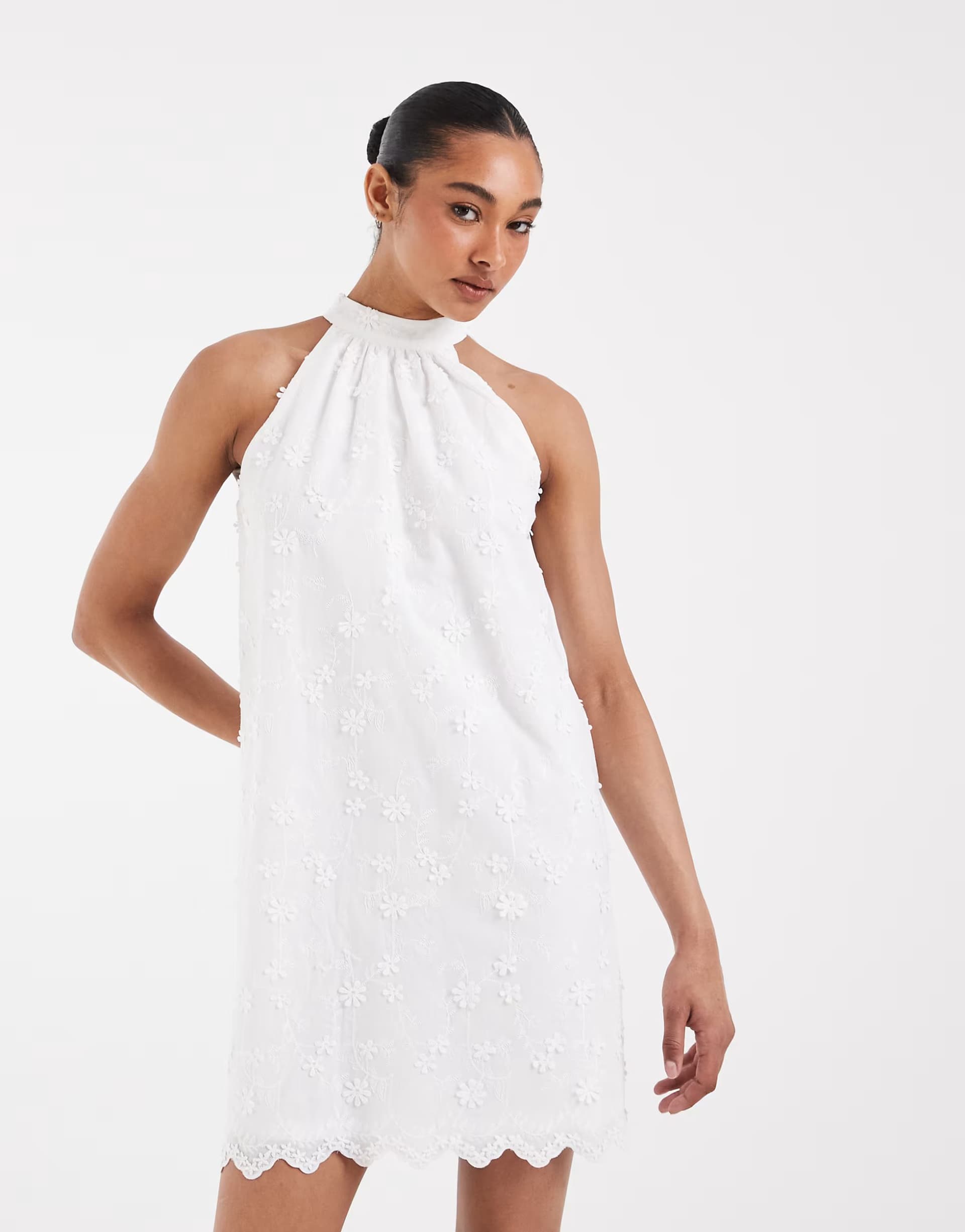 ASOS Pieces halter neck floral applique mini dress in white