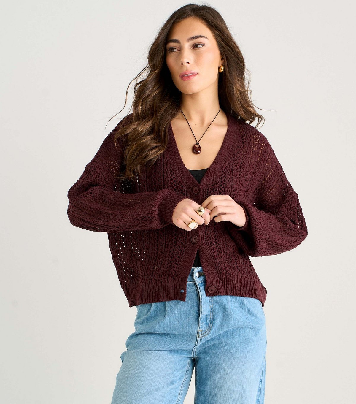 Gini London Women's Brown Crochet Long Sleeves Cardigan Gini London New Look - 2