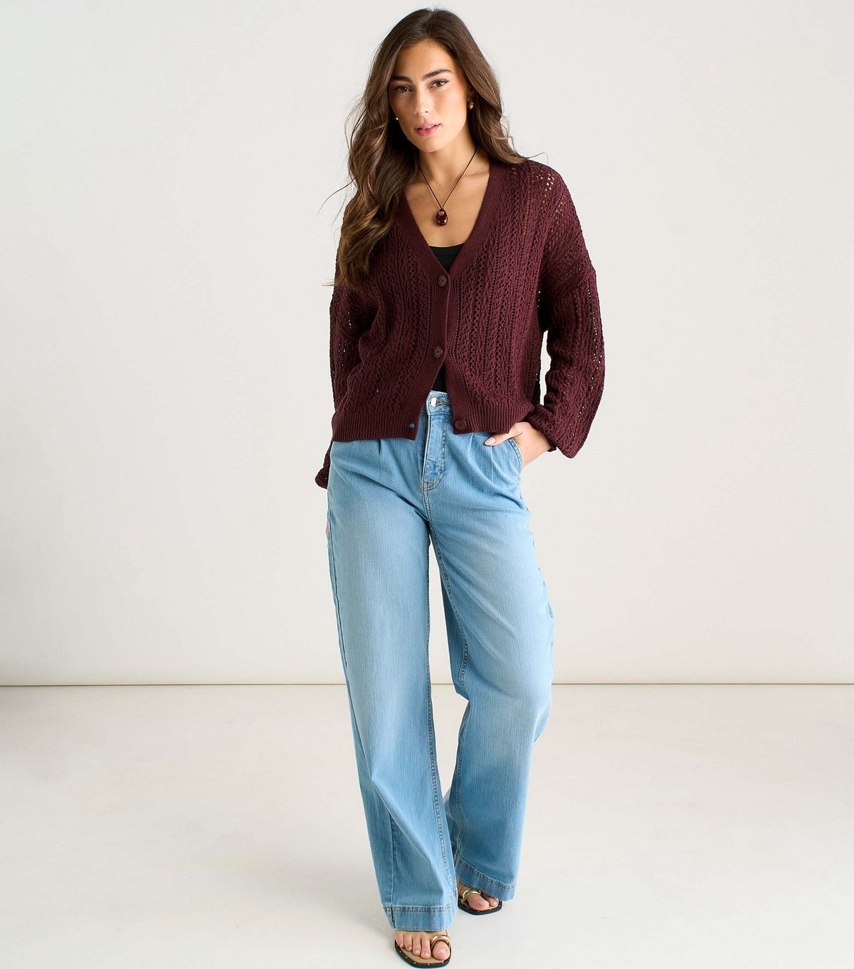 Gini London Women's Brown Crochet Long Sleeves Cardigan Gini London New Look - 3