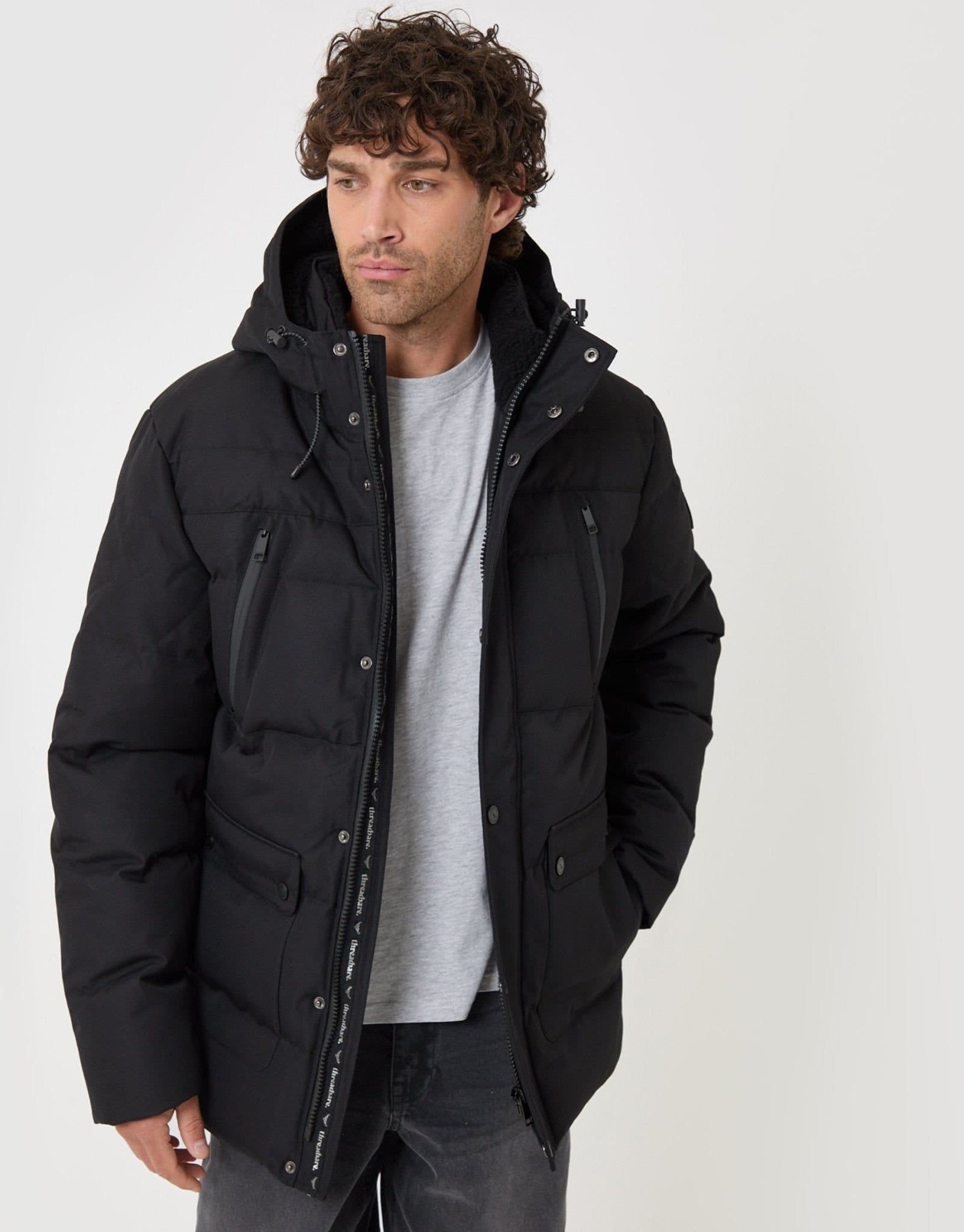 Threadbare threadbare Men's Showerproof Hooded Puffer Coat with Borg Lined Hood in Black