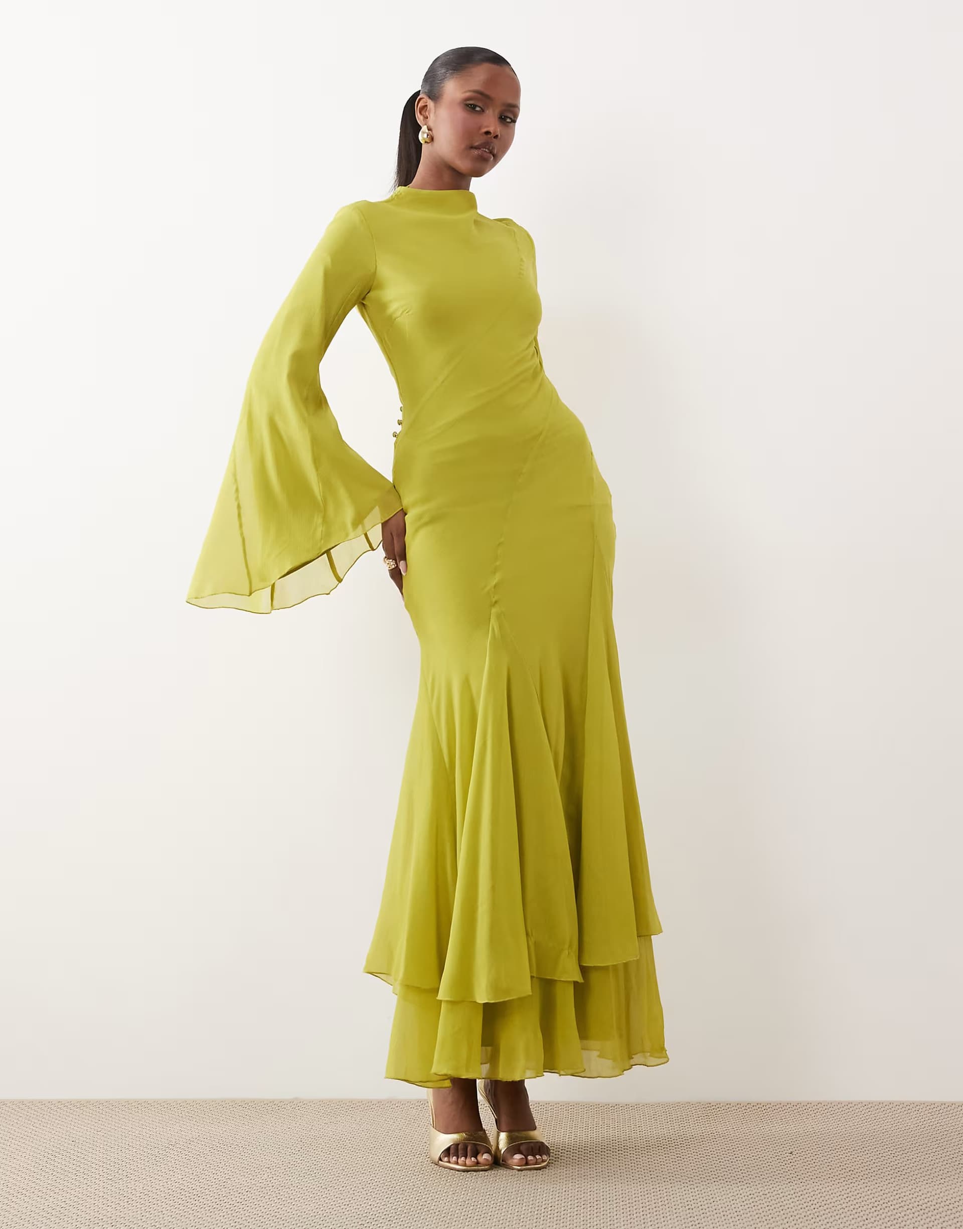 ASOS ASOS DESIGN long sleeve high neck maxi dress with ruffle godets and flute sleeves in olive green