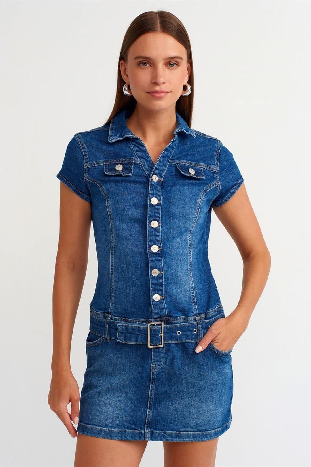 Dilvin Dilvin Women's Belted Denim Mini Dress in Mid Blue