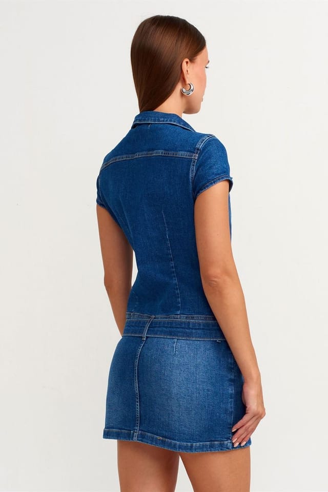 Dilvin Dilvin Women's Belted Denim Mini Dress in Mid Blue - 2