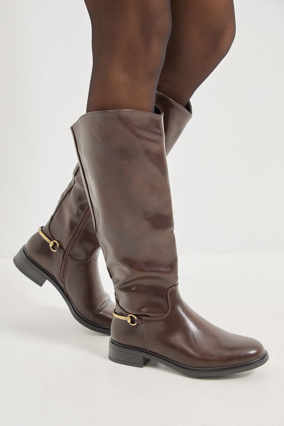 Wallis Wallis Women's Emma Faux Leather Stirrup Detail Knee High Riding Boots in Chocolate