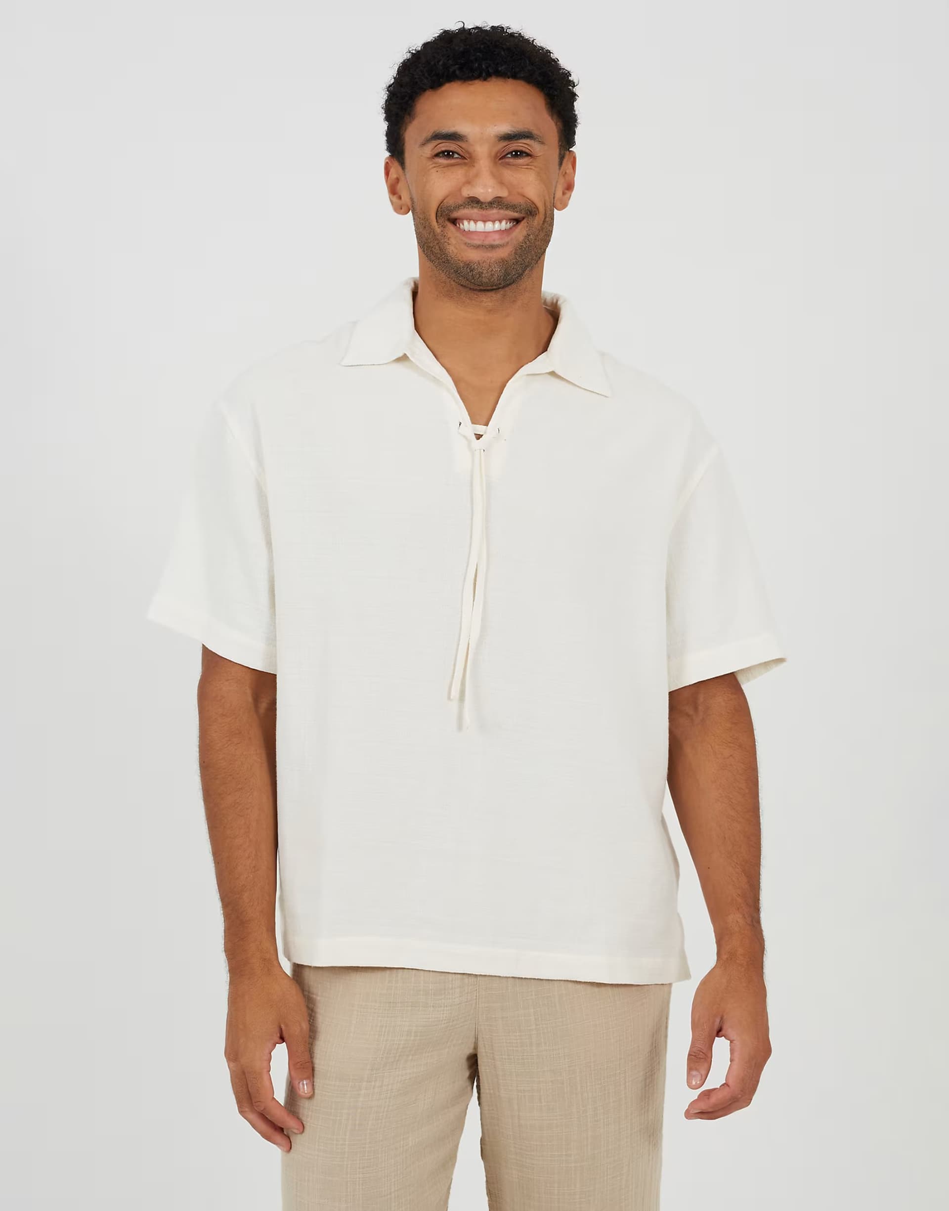 ASOS Brave Soul Cotton open collar shirt with tie detail in cream