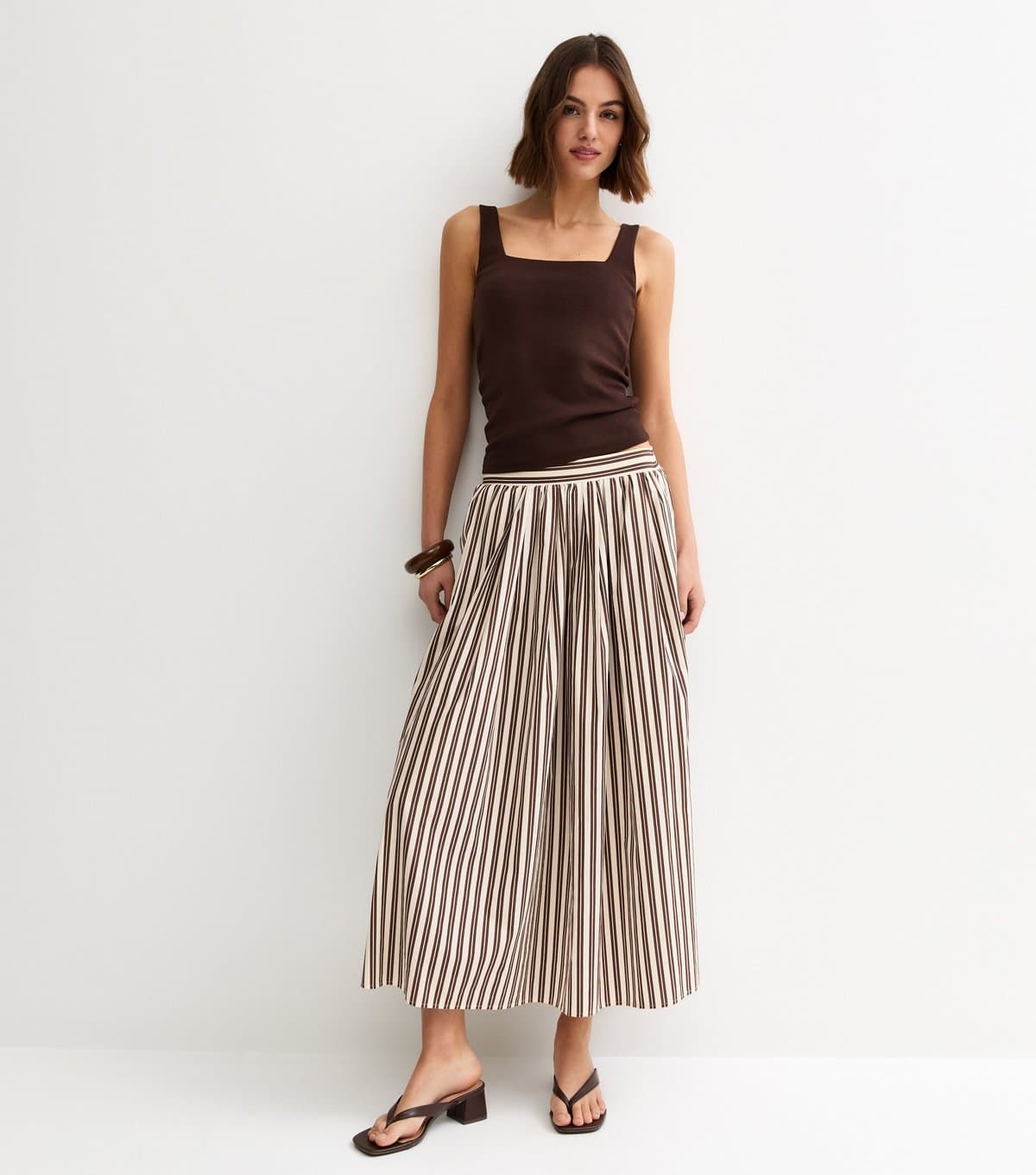 New Look Women's Brown Cotton Poplin Striped Midi Skirt New Look