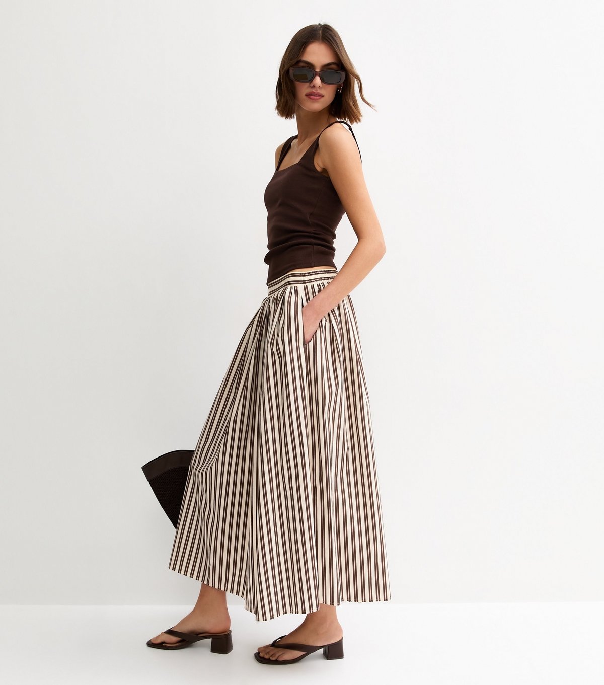 New Look Women's Brown Cotton Poplin Striped Midi Skirt New Look - 2