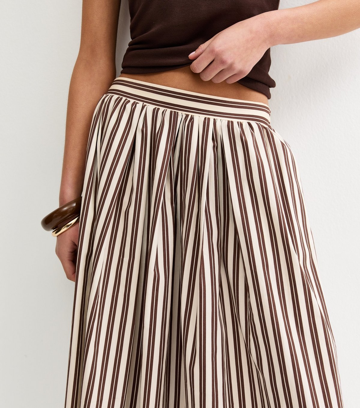 New Look Women's Brown Cotton Poplin Striped Midi Skirt New Look - 3