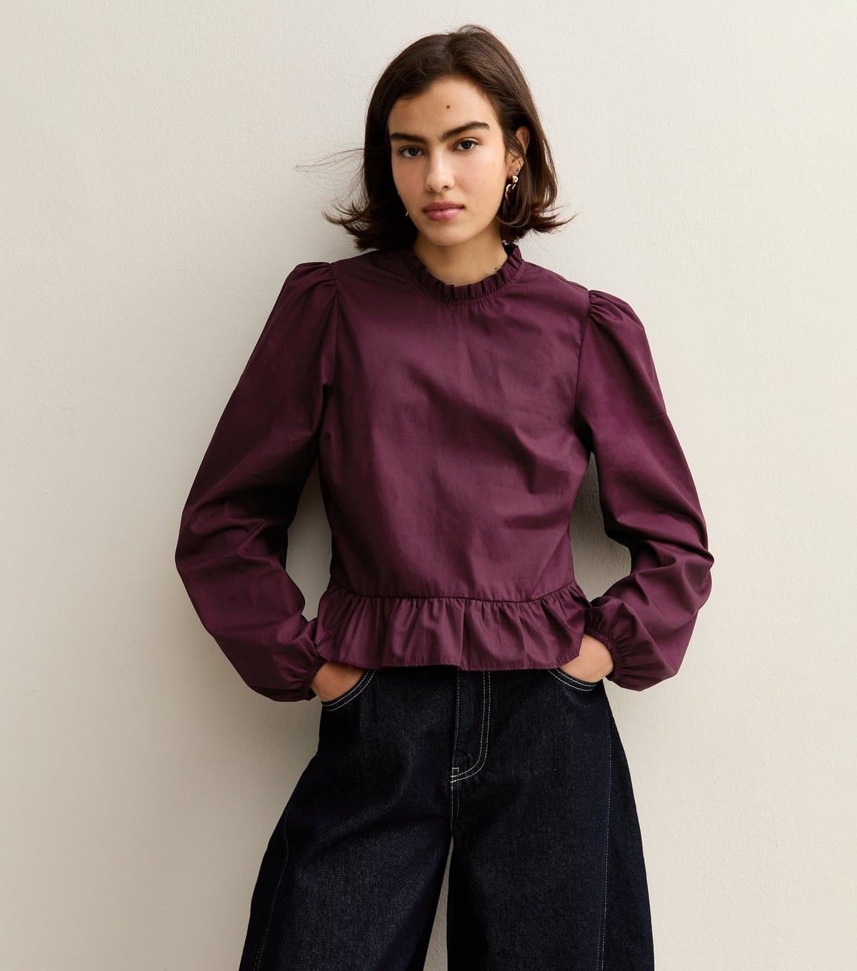 New Look New Look Burgundy Cotton Ruffled Collar Long Sleeve Top