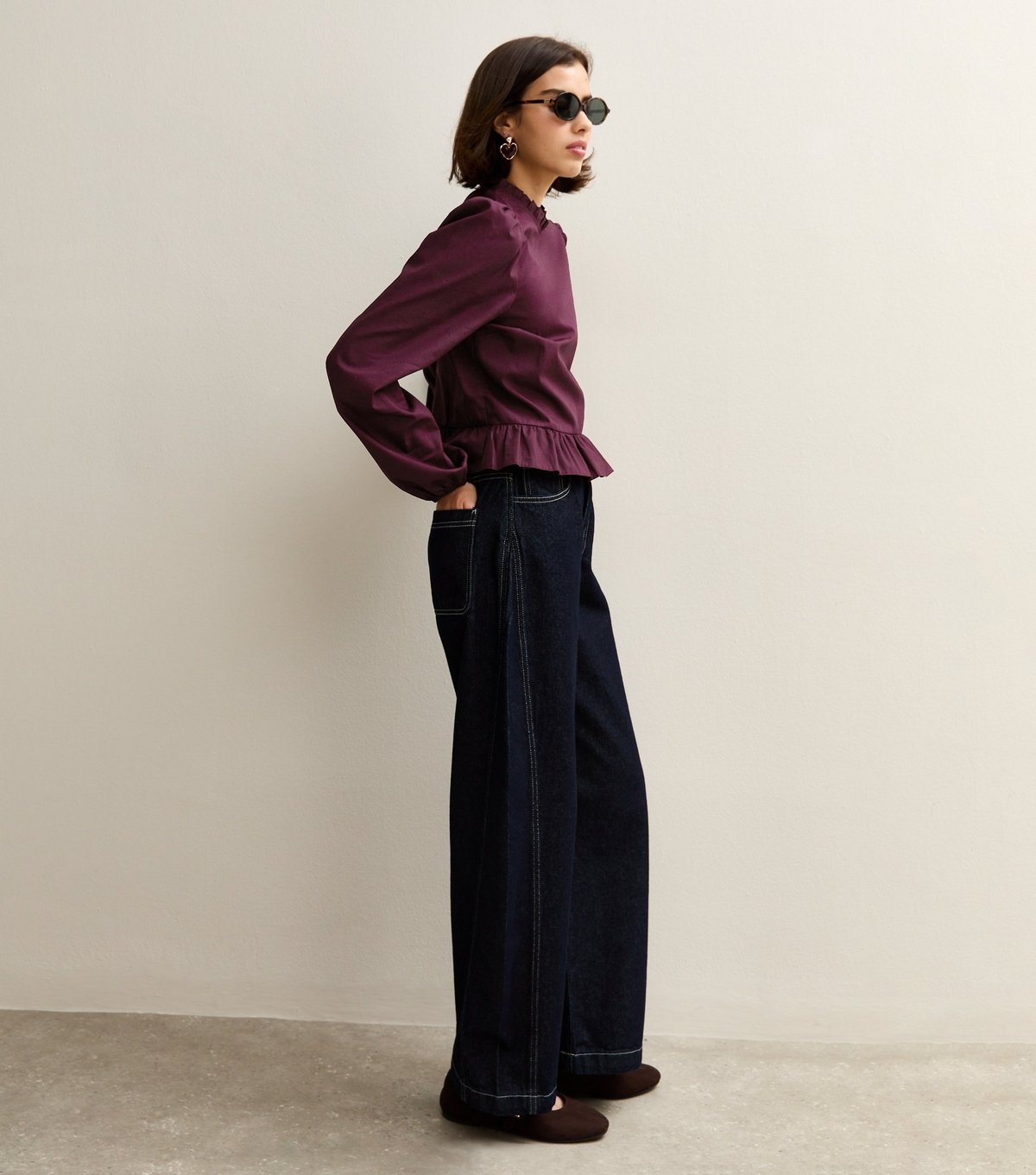 New Look Women's Burgundy Cotton Ruffled Collar Long Sleeve Top New Look - 2