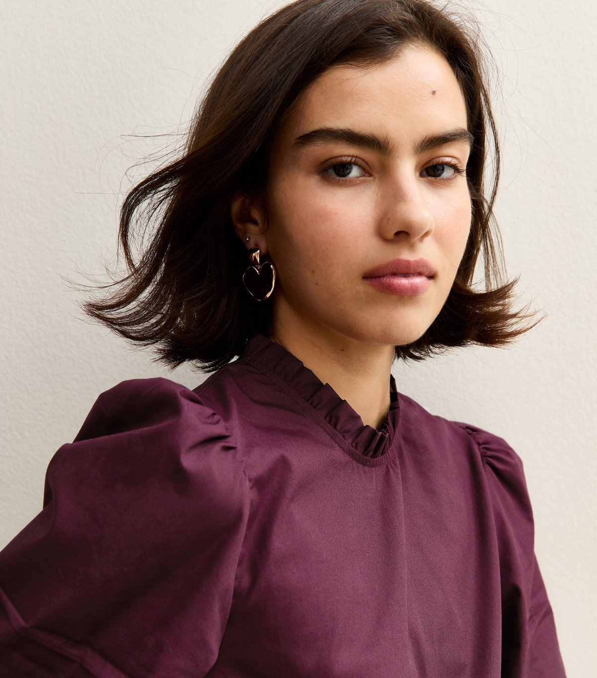 New Look Women's Burgundy Cotton Ruffled Collar Long Sleeve Top New Look - 3