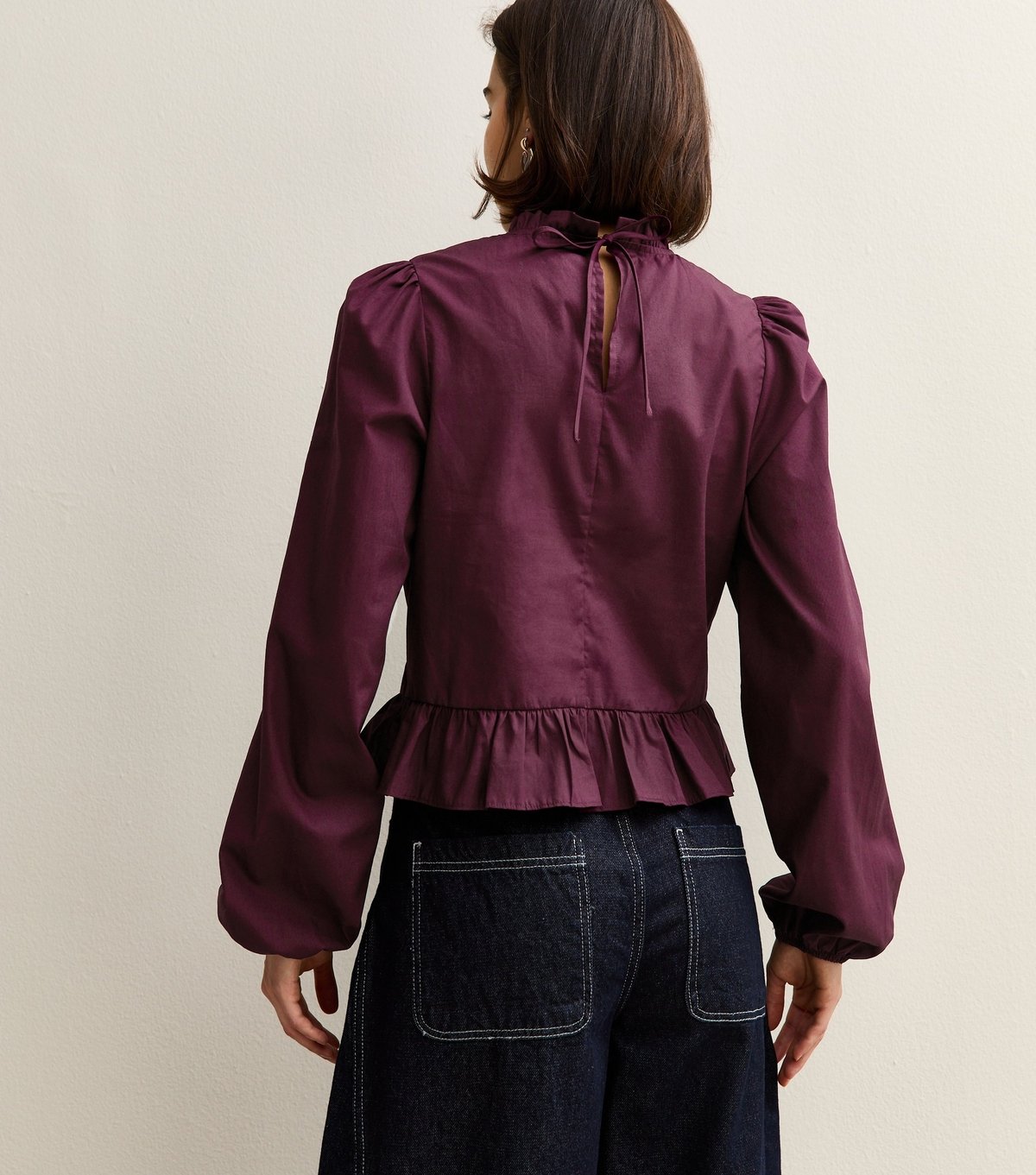 New Look Women's Burgundy Cotton Ruffled Collar Long Sleeve Top New Look - 4
