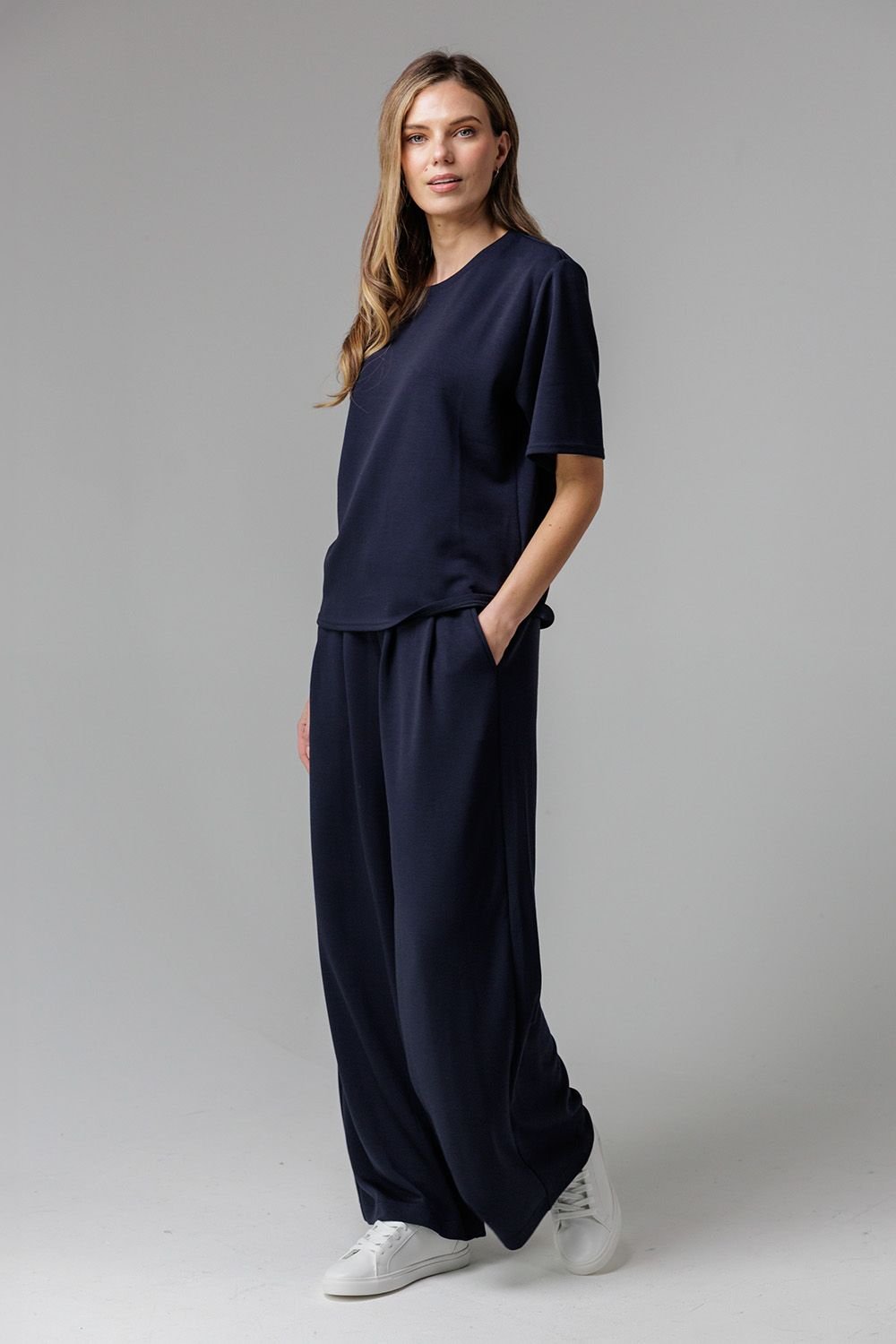 French Connection French Connection Women's Luxe Short Sleeve Crew Neck Pinched Top in Navy - 3