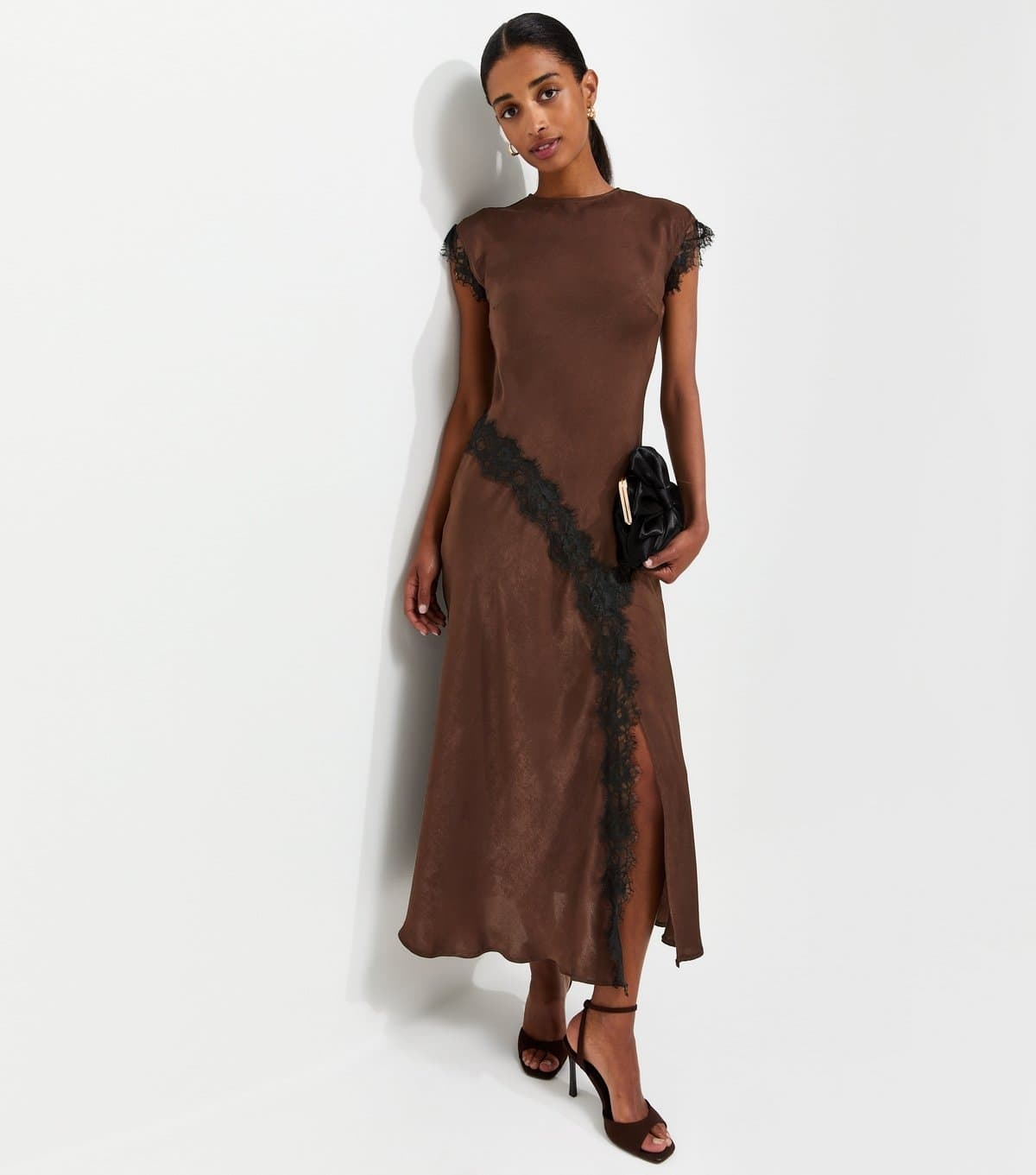 New Look Women's Dark Brown Lace Trim Bias Cut Midi Dress New Look