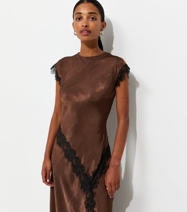 New Look Women's Dark Brown Lace Trim Bias Cut Midi Dress New Look - 2