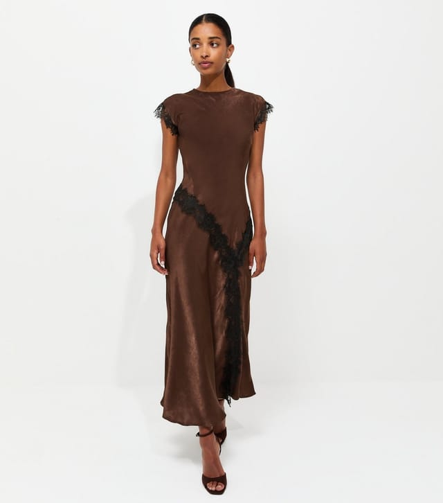 New Look Women's Dark Brown Lace Trim Bias Cut Midi Dress New Look - 3