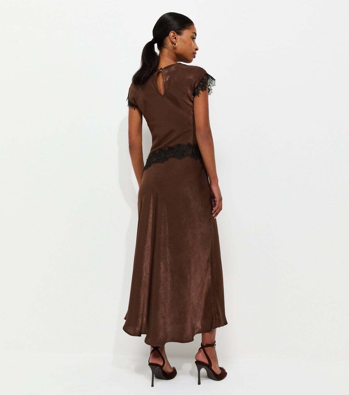 New Look Women's Dark Brown Lace Trim Bias Cut Midi Dress New Look - 4
