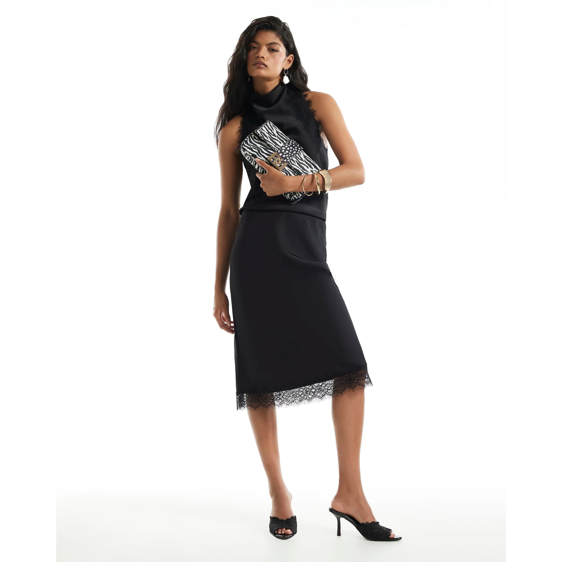 River Island River Island Womens Black Satin 90S Lace Hem Slip Skirt