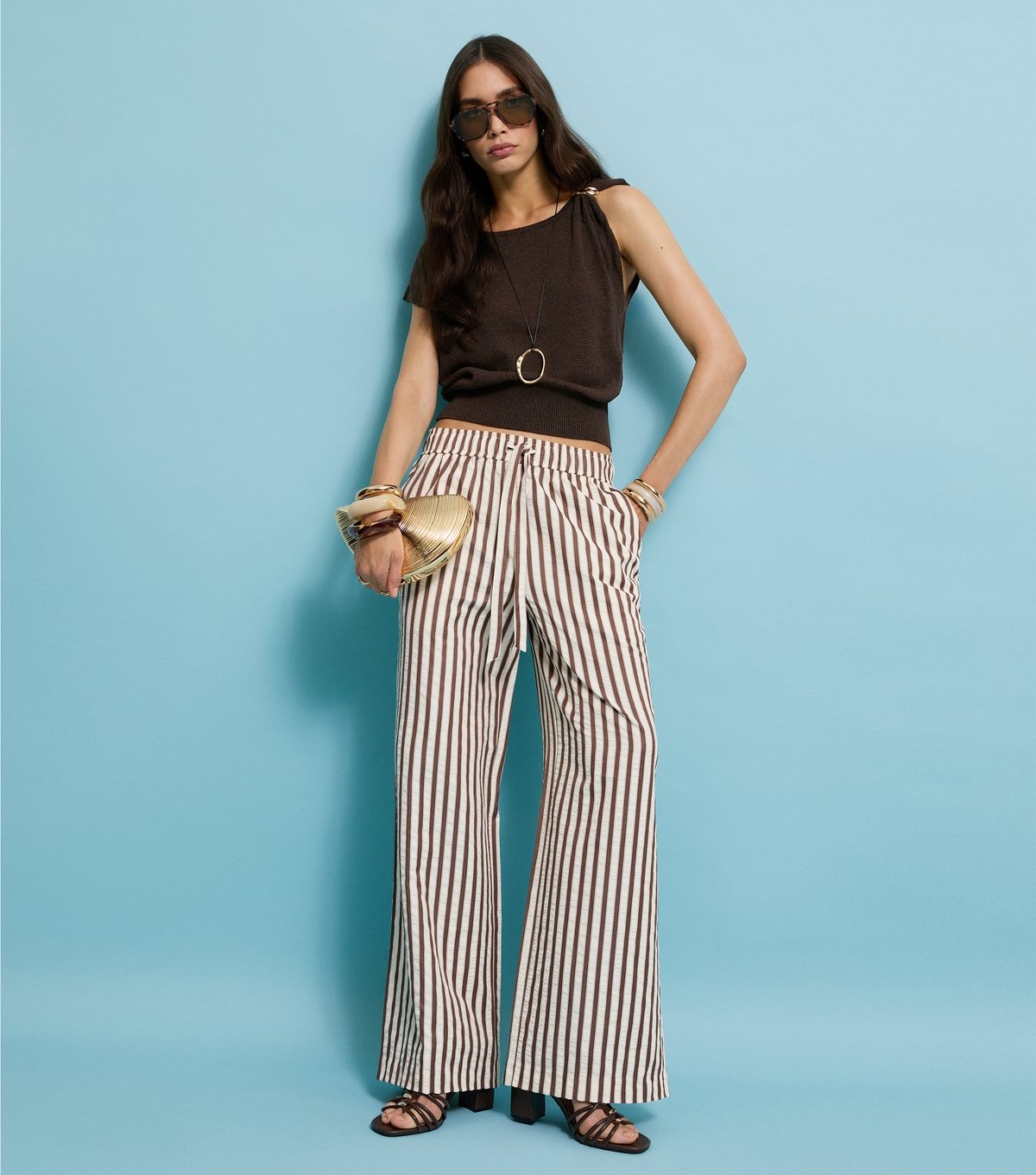 New Look Women's Brown Striped Seersucker Wide Leg Trousers New Look - 2
