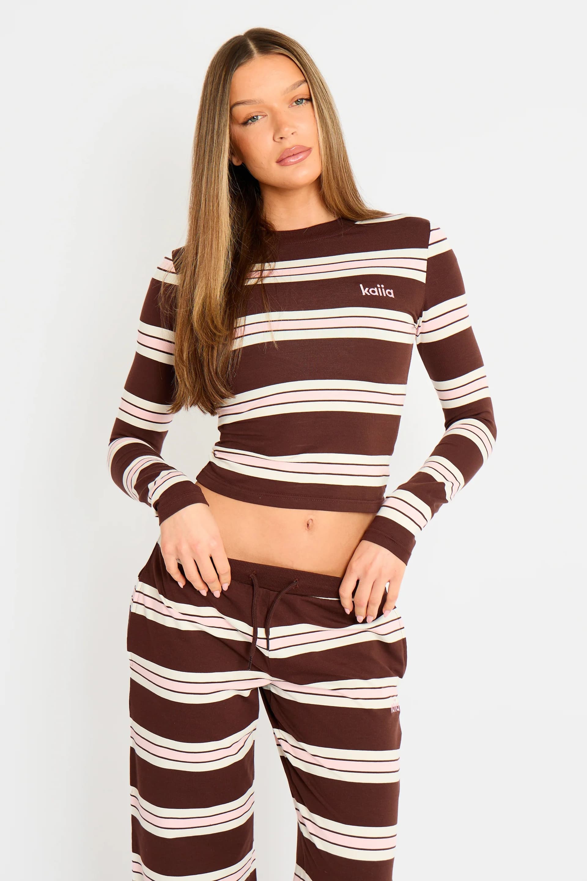 Kaiia Kaiia Striped Long Sleeve Baby Tee Brown, Pink & Cream