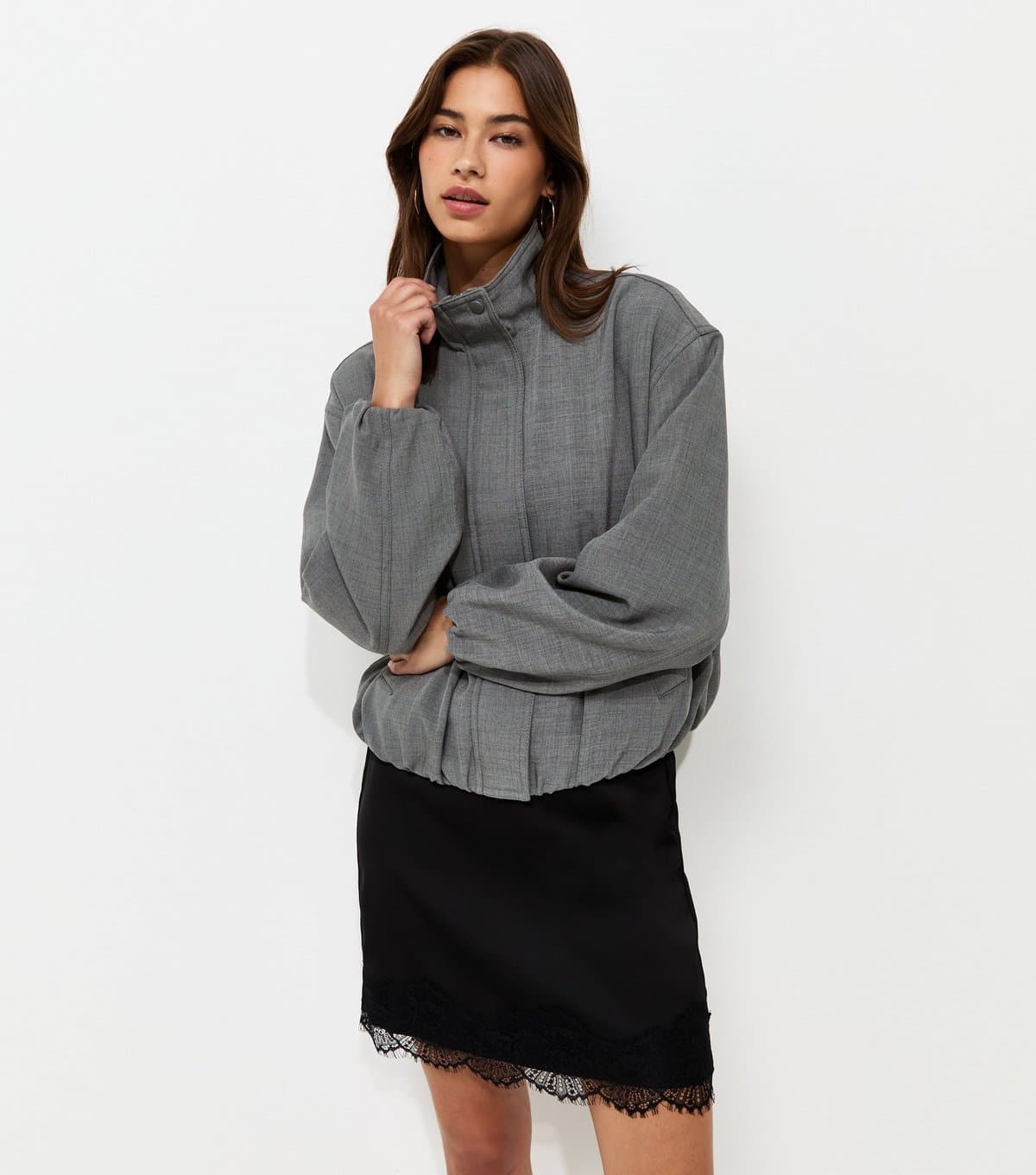New Look Women's Grey High Neck Bubble Hem Jacket New Look