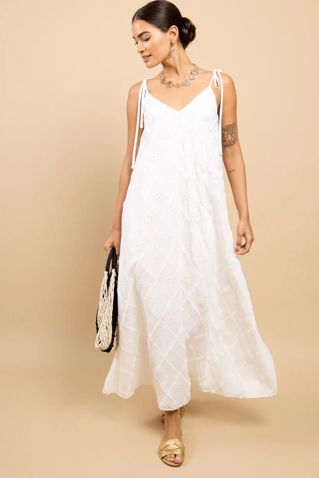 Little Mistress Little Mistress Women's White Embroidered Tie Strap Maxi Dress