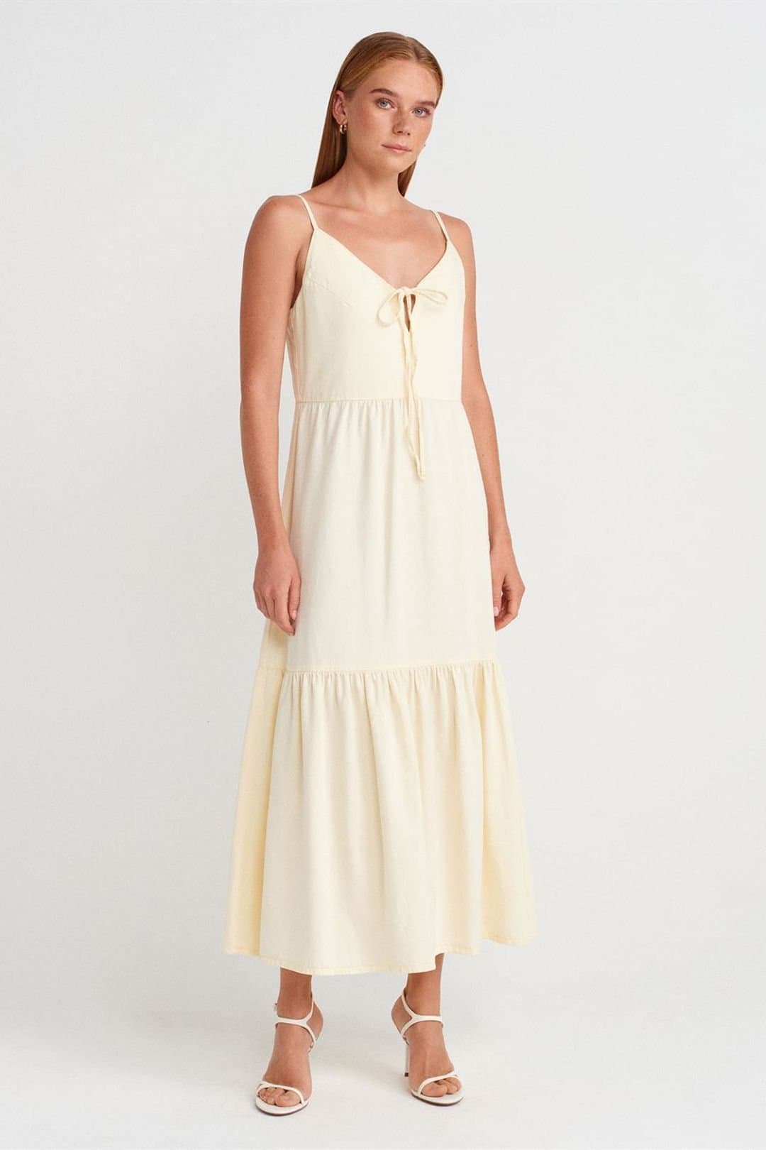 Dilvin Dilvin Women's Sleeveless A-line Maxi Dress With Tie Front in Cream