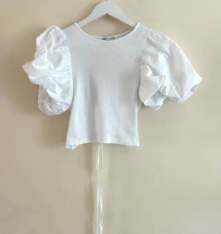 Zara 🤍 Zara White Puff Sleeve Ribbed Crop Top Cottagecore Milkmaid Summer UK 8 Small