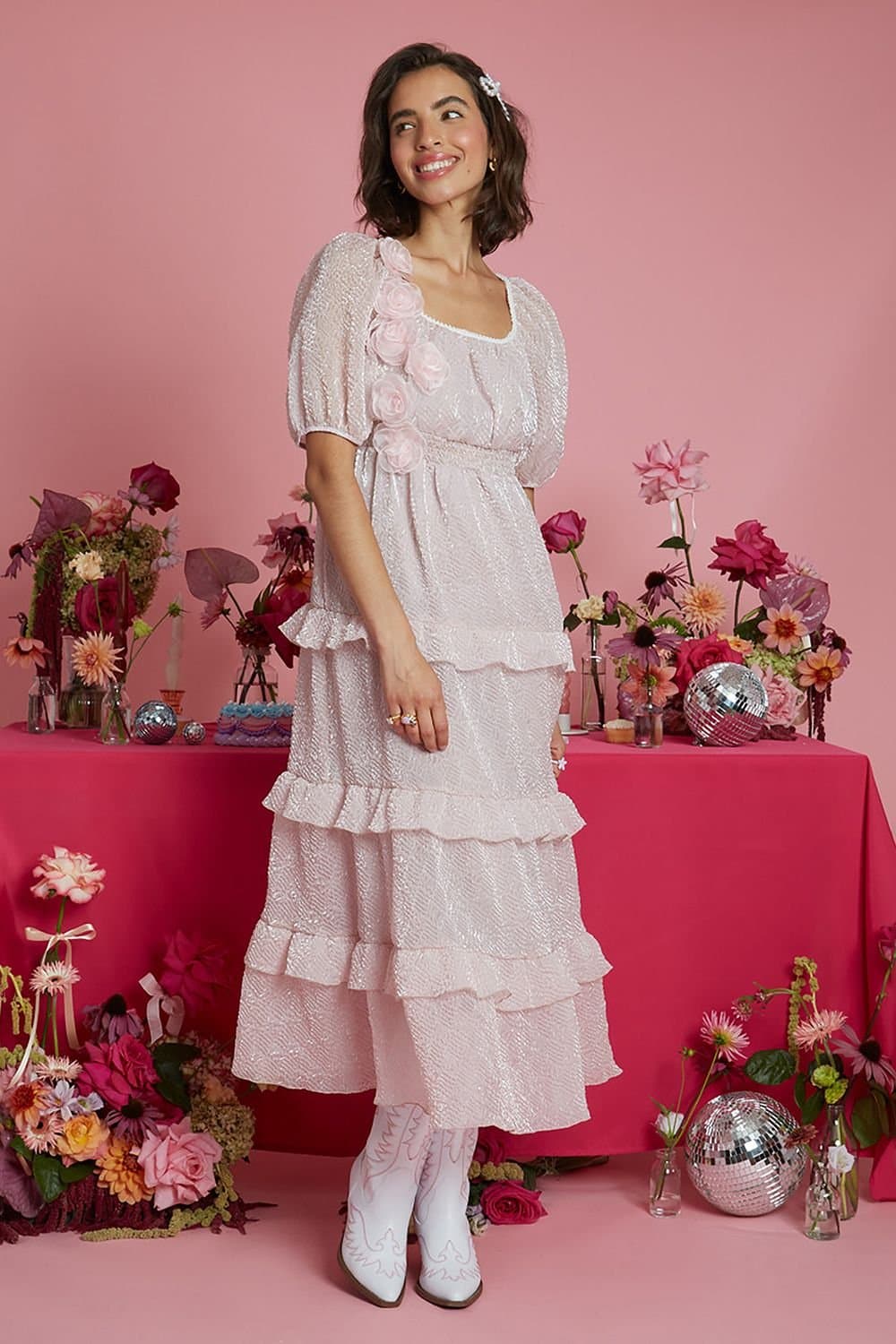 Neon Rose Neon Rose Women's Corsage Detail Tiered Silhouette Midaxi Dress in Baby Pink