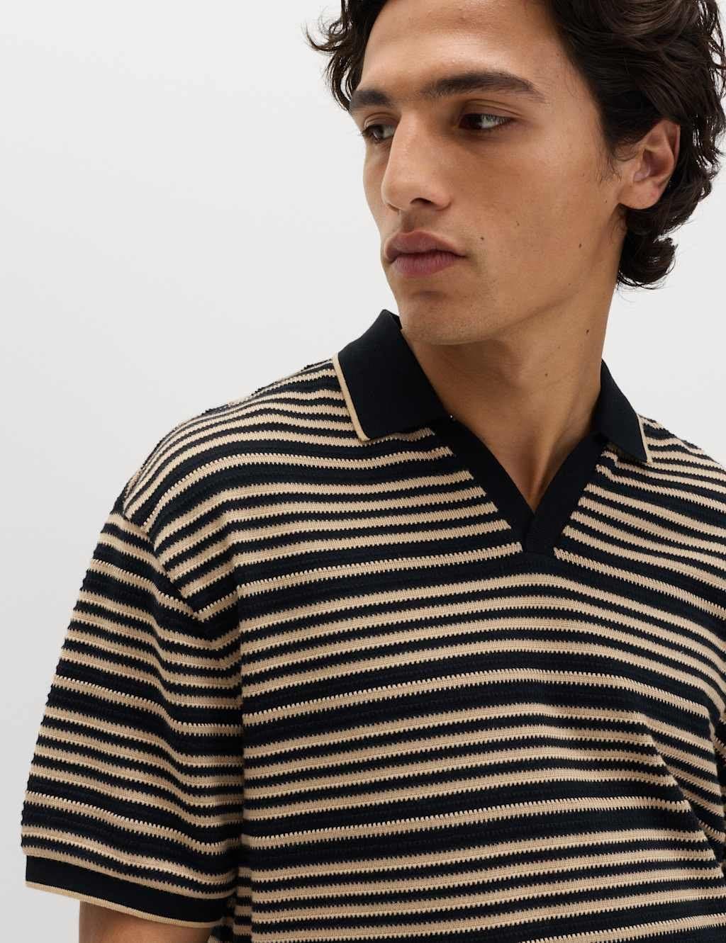 Marks & Spencer M&S Relaxed Fit Cotton Rich Textured Polo Shirt Black Mix