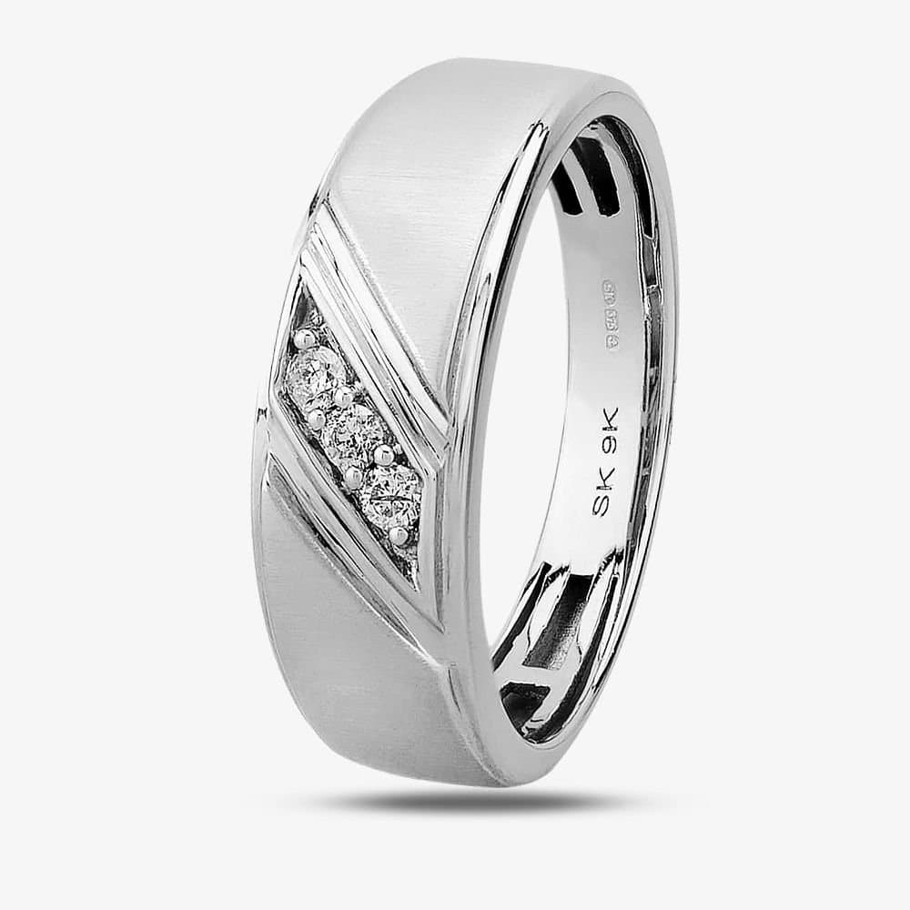 T.H.Baker T.H.Baker Men's 9ct White Gold Matte & Polished Three Stone Diamond Wedding Ring in Silver